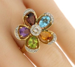 14 Karat Solid Gold Multi-Color Stones and 0.15 Diamond Flower Ring
