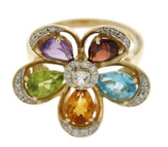 14 Karat Solid Gold Multi-Color Stones and 0.15 Diamond Flower Ring