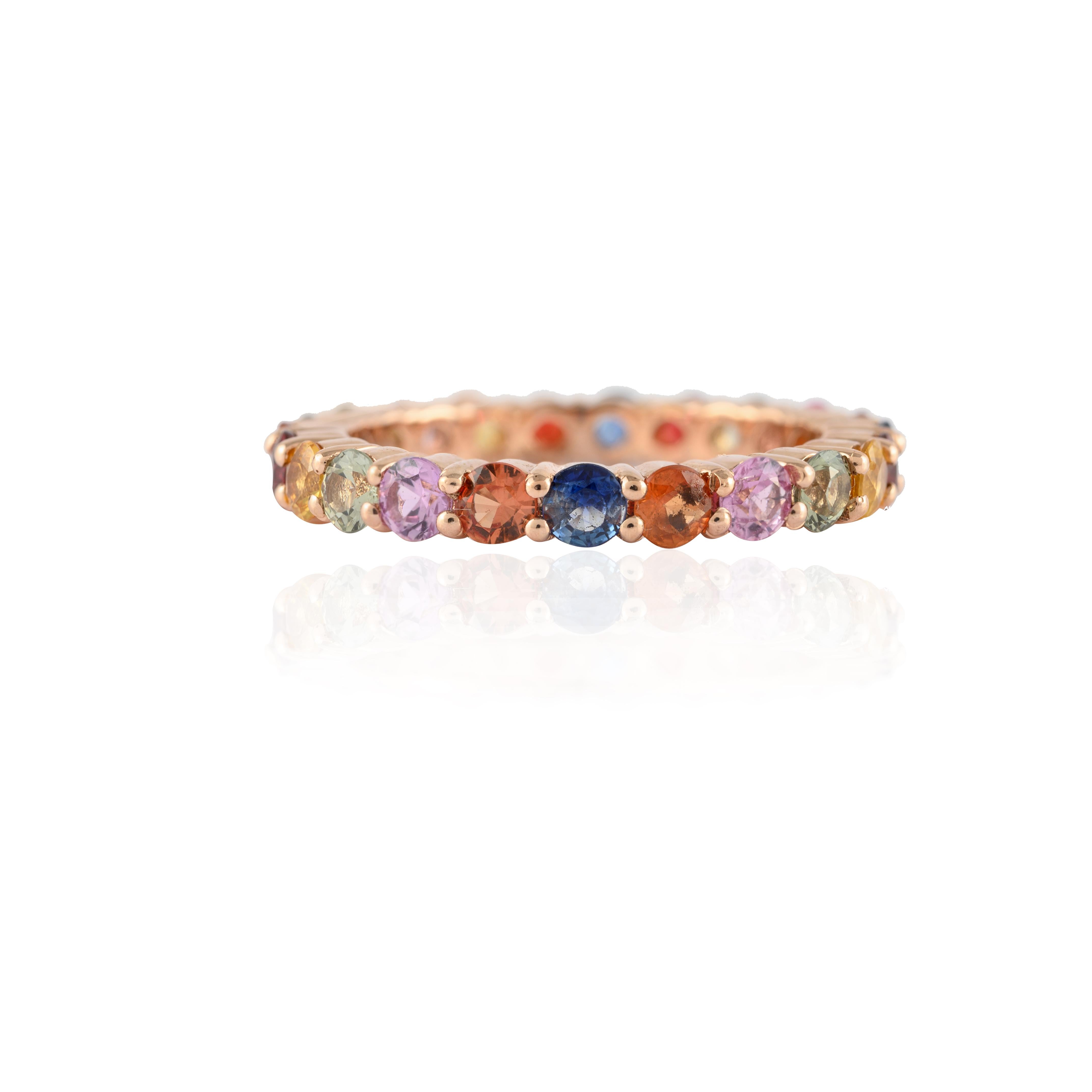 For Sale:  14 Karat Solid Rose Gold Eternity Band Ring with 2.18 Carat of Multi Sapphire 2