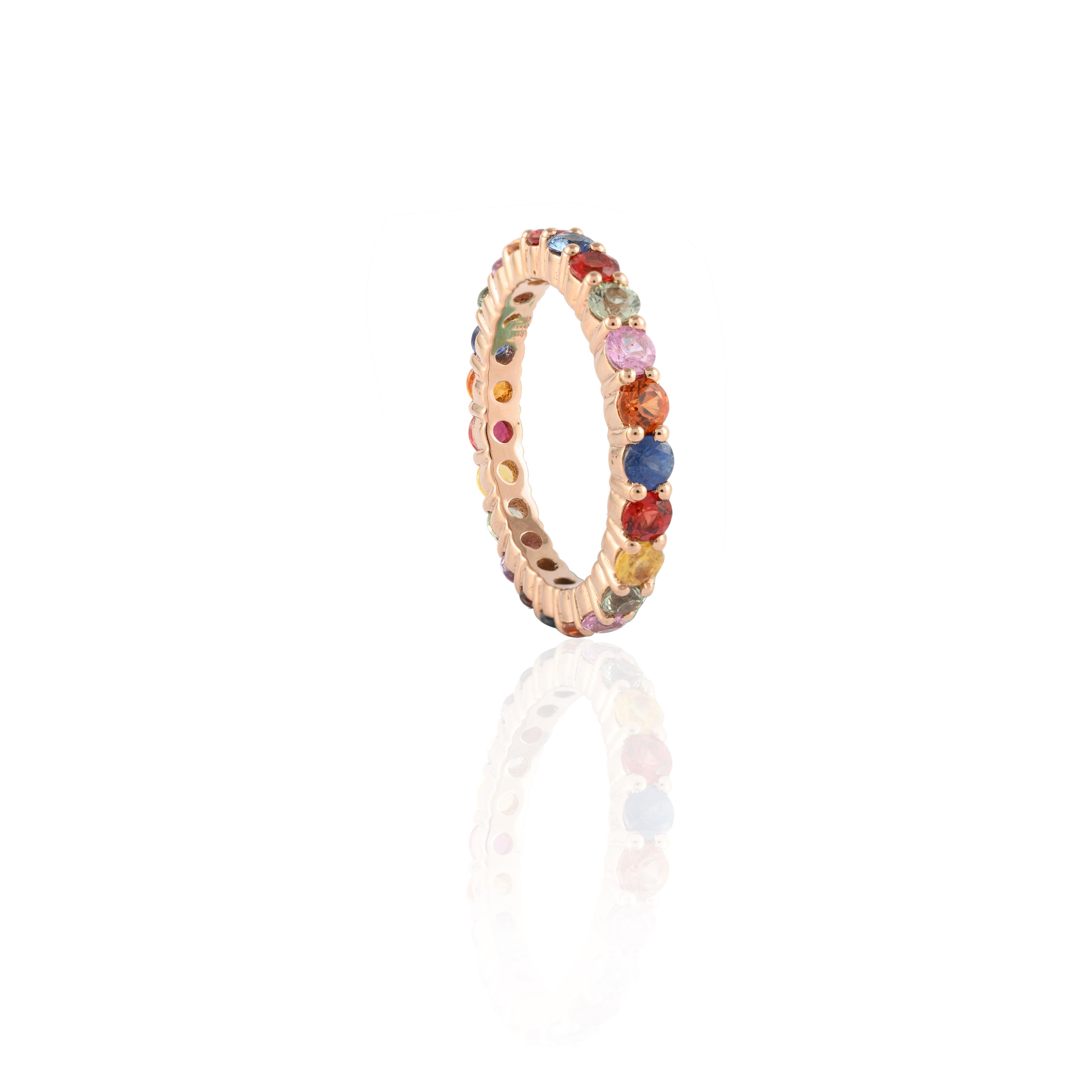 For Sale:  14 Karat Solid Rose Gold Eternity Band Ring with 2.18 Carat of Multi Sapphire 4