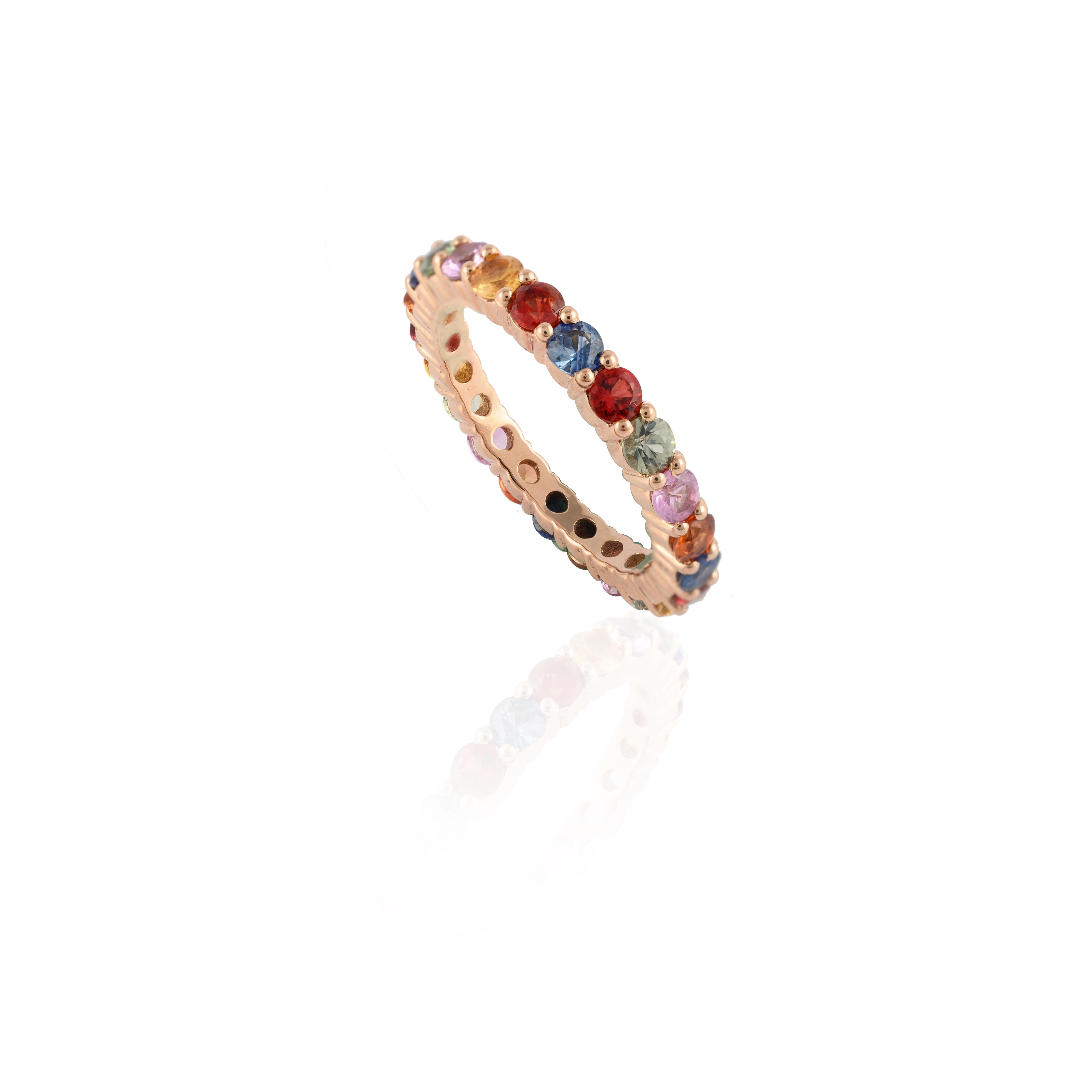 For Sale:  14 Karat Solid Rose Gold Eternity Band Ring with 2.18 Carat of Multi Sapphire 5