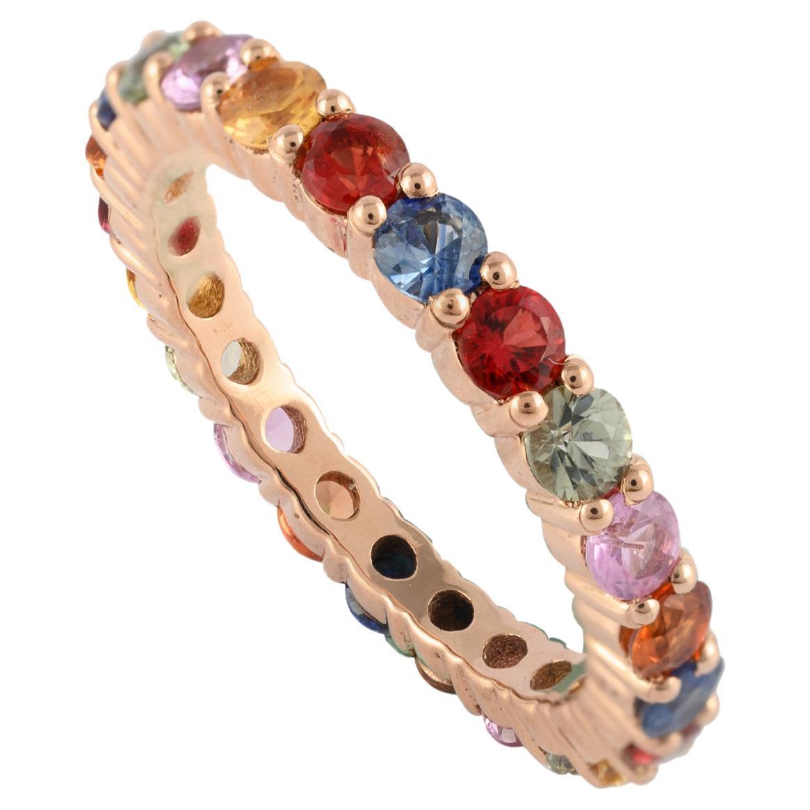 14 Karat Solid Rose Gold Eternity Band Ring with 2.18 Carat of Multi Sapphire
