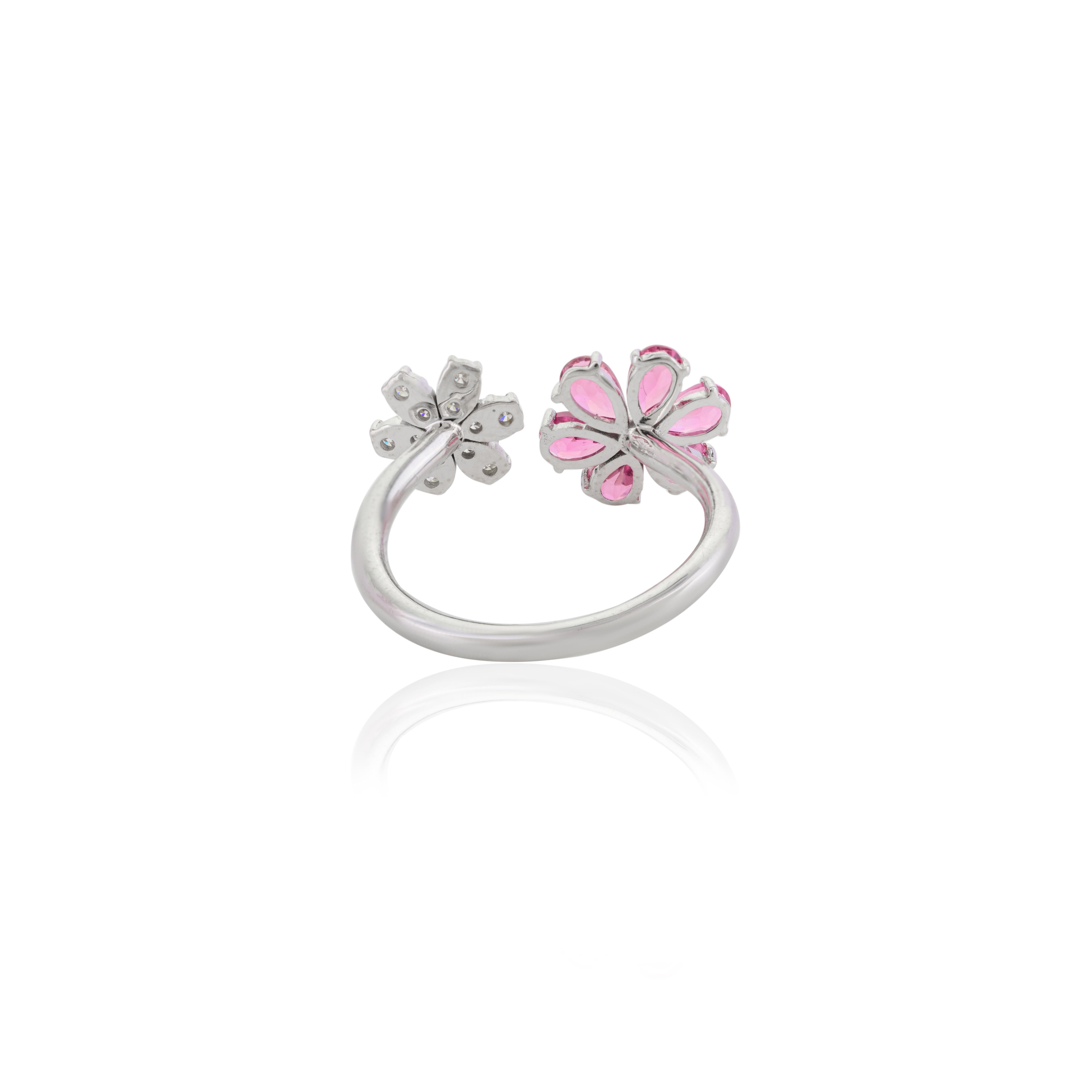 For Sale:  14 Karat Solid White Gold Tourmaline Diamond Floral Open Wedding Ring Gift 4