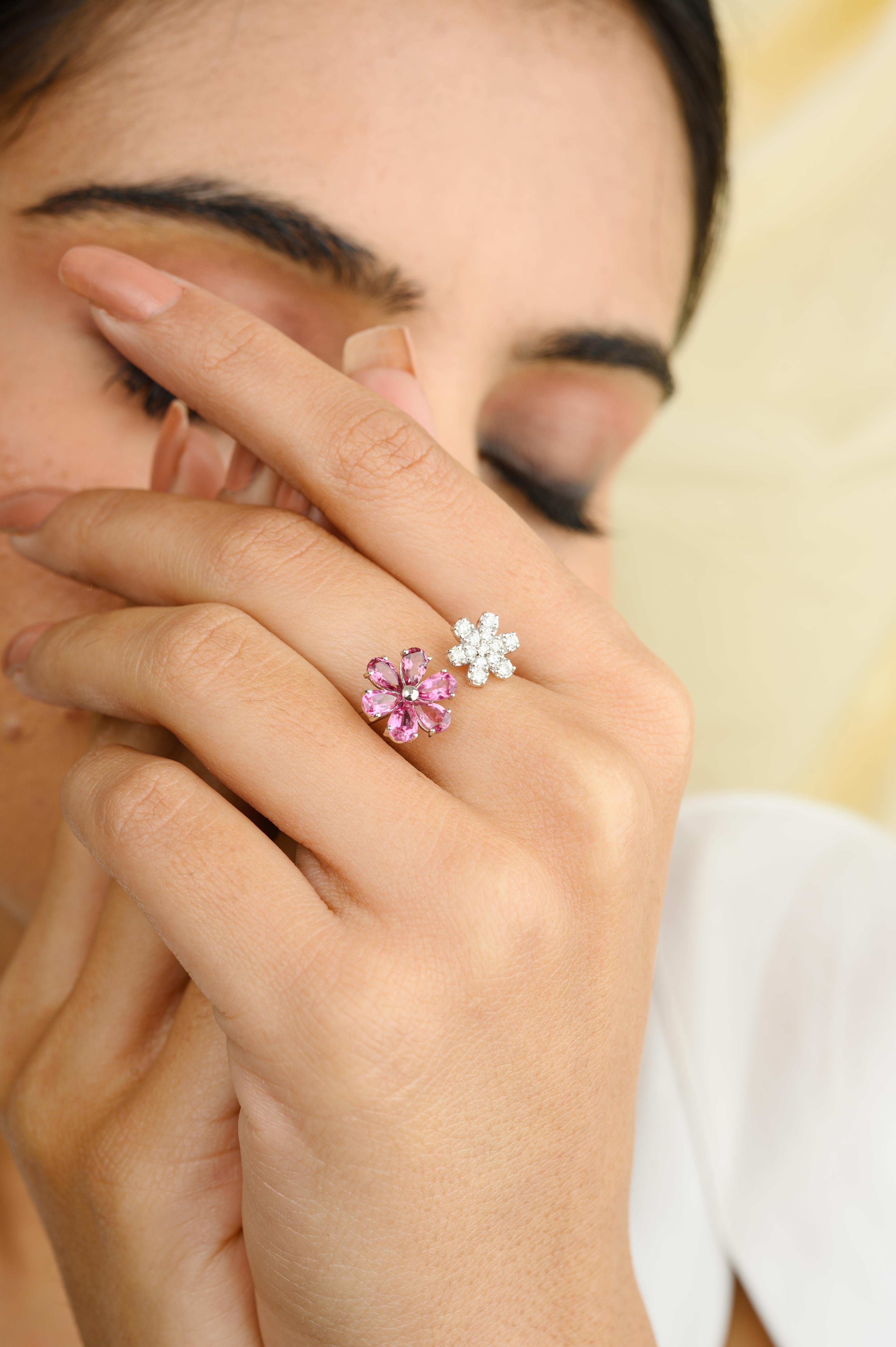 For Sale:  14 Karat Solid White Gold Tourmaline Diamond Floral Open Wedding Ring Gift 5