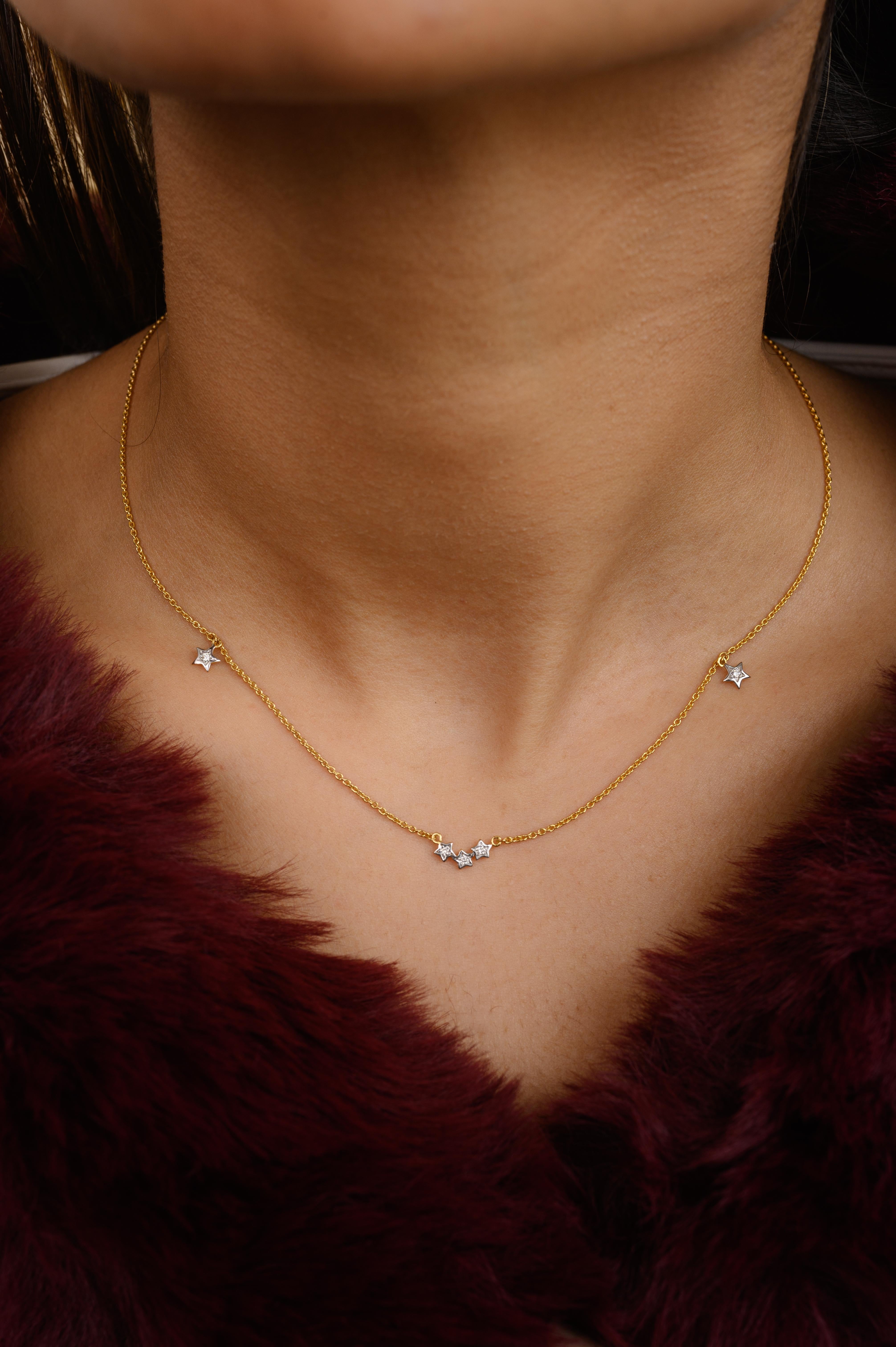 Diamond Star Everyday Necklace in 14K gold studded with round cut diamond. This stunning piece of jewelry instantly elevates a casual look or dressy outfit. 
April birthstone diamond brings love, fame, success and prosperity.
Designed with round cut