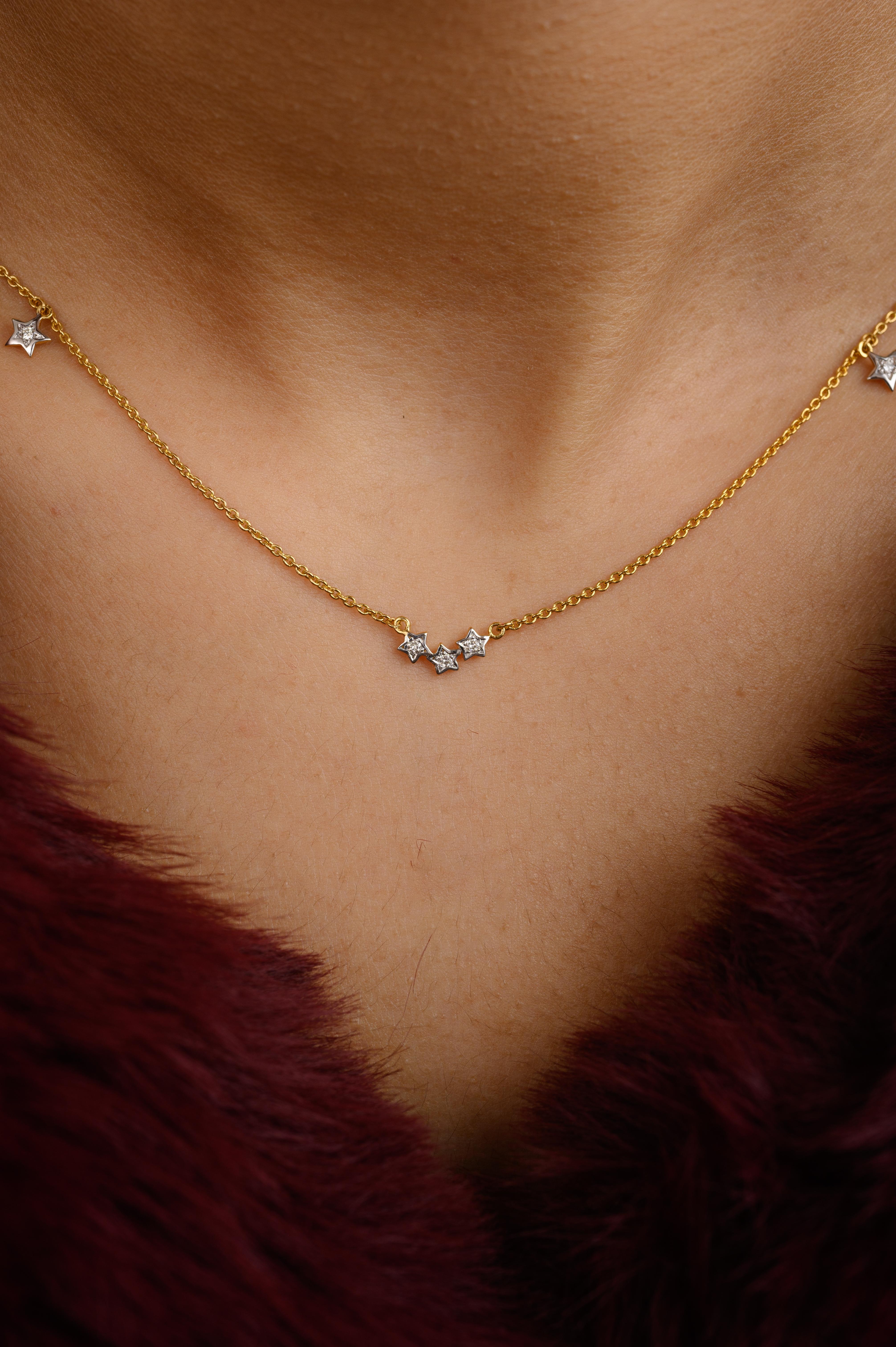 Modernist 14 Karat Solid Yellow Gold Diamond Star Everyday Necklace for Her For Sale