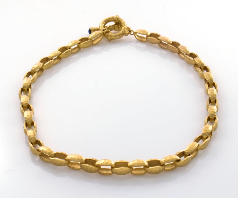 14 Karat Solid Yellow Gold Hammered Link Necklace with Sapphire Toggle