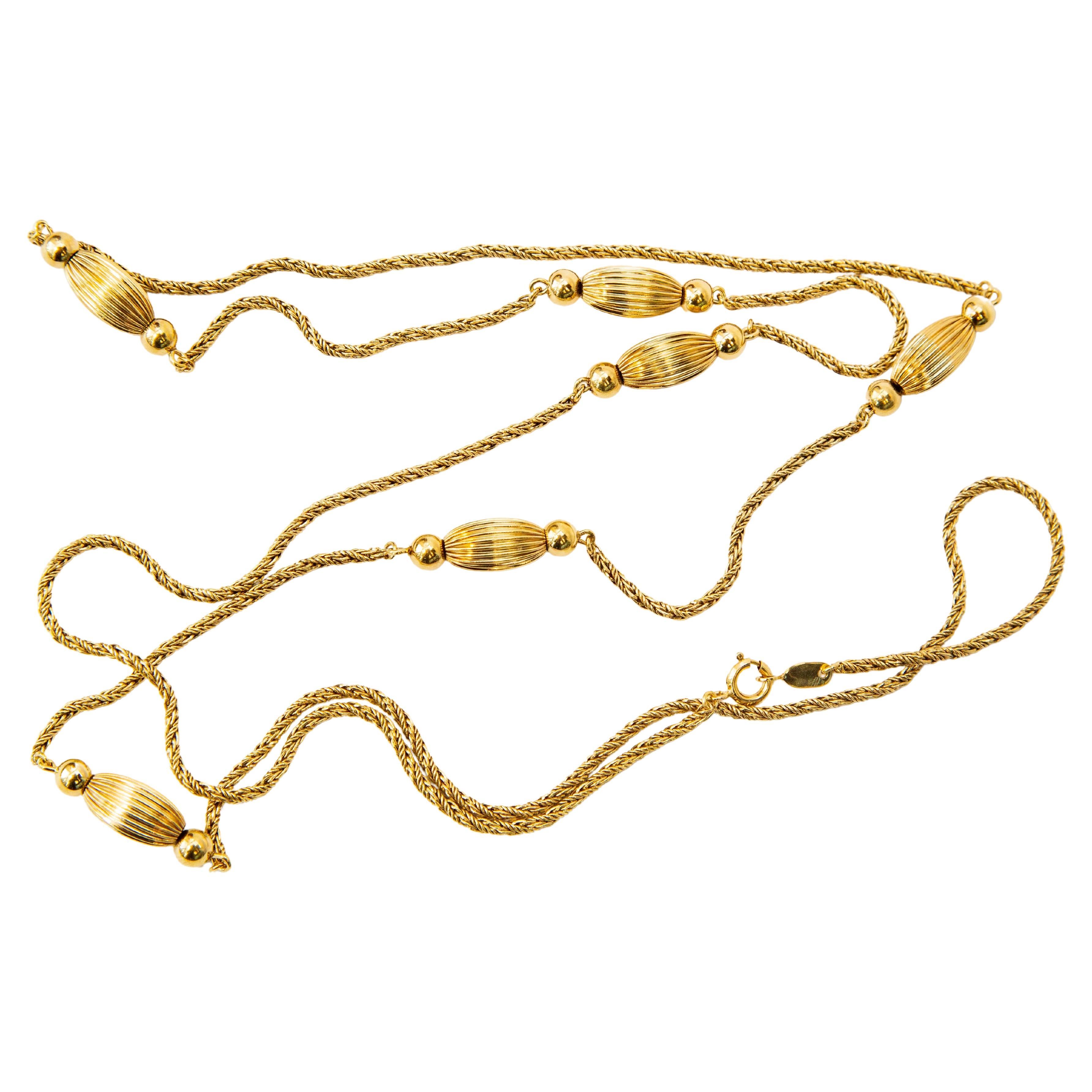 14 Karat Solid Yellow Gold Necklace with Balls and  Ribbed Spheres For Sale