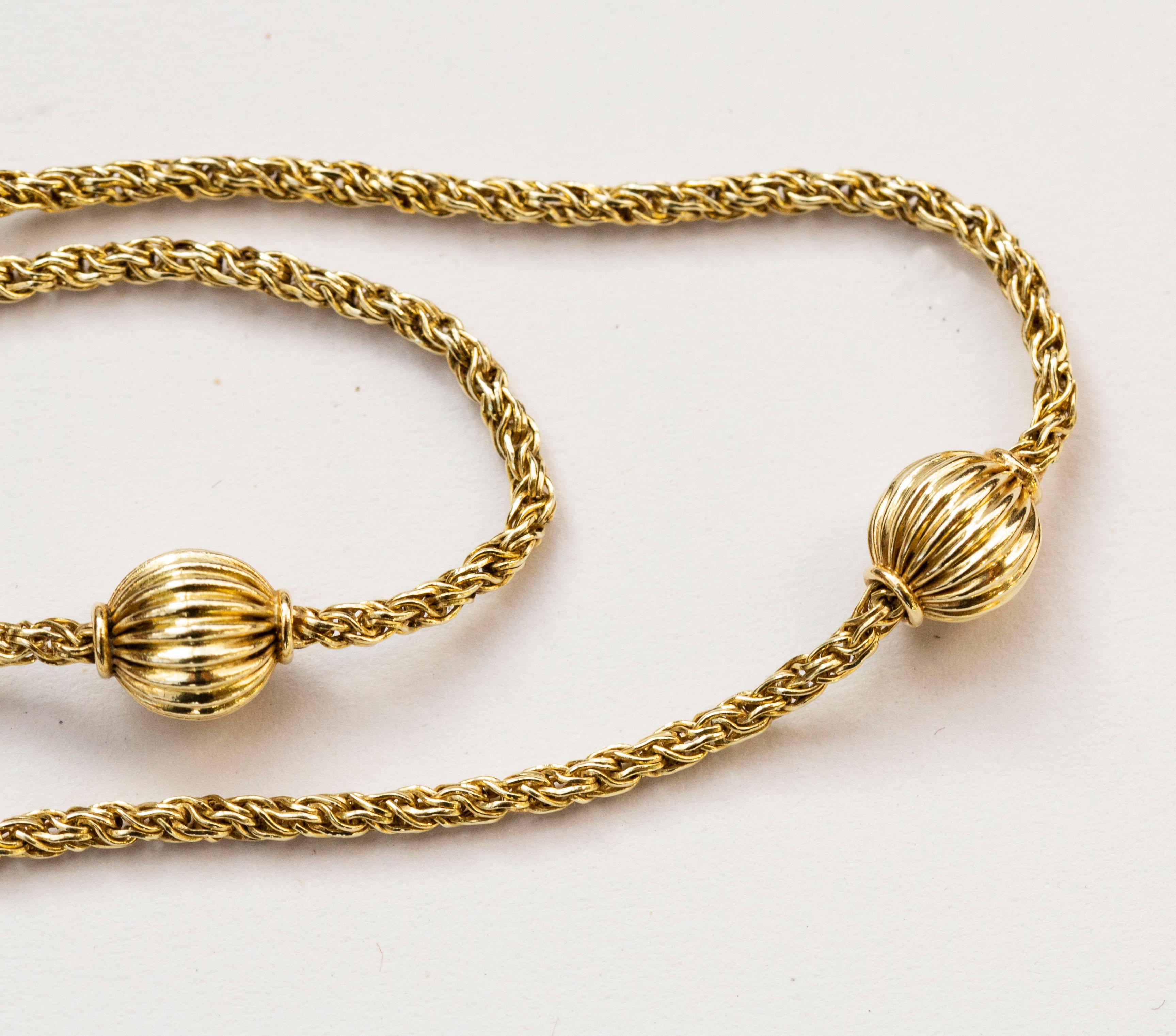 Women's or Men's 14 Karat Solid Yellow Gold Necklace with Ribbed Balls and Spheres