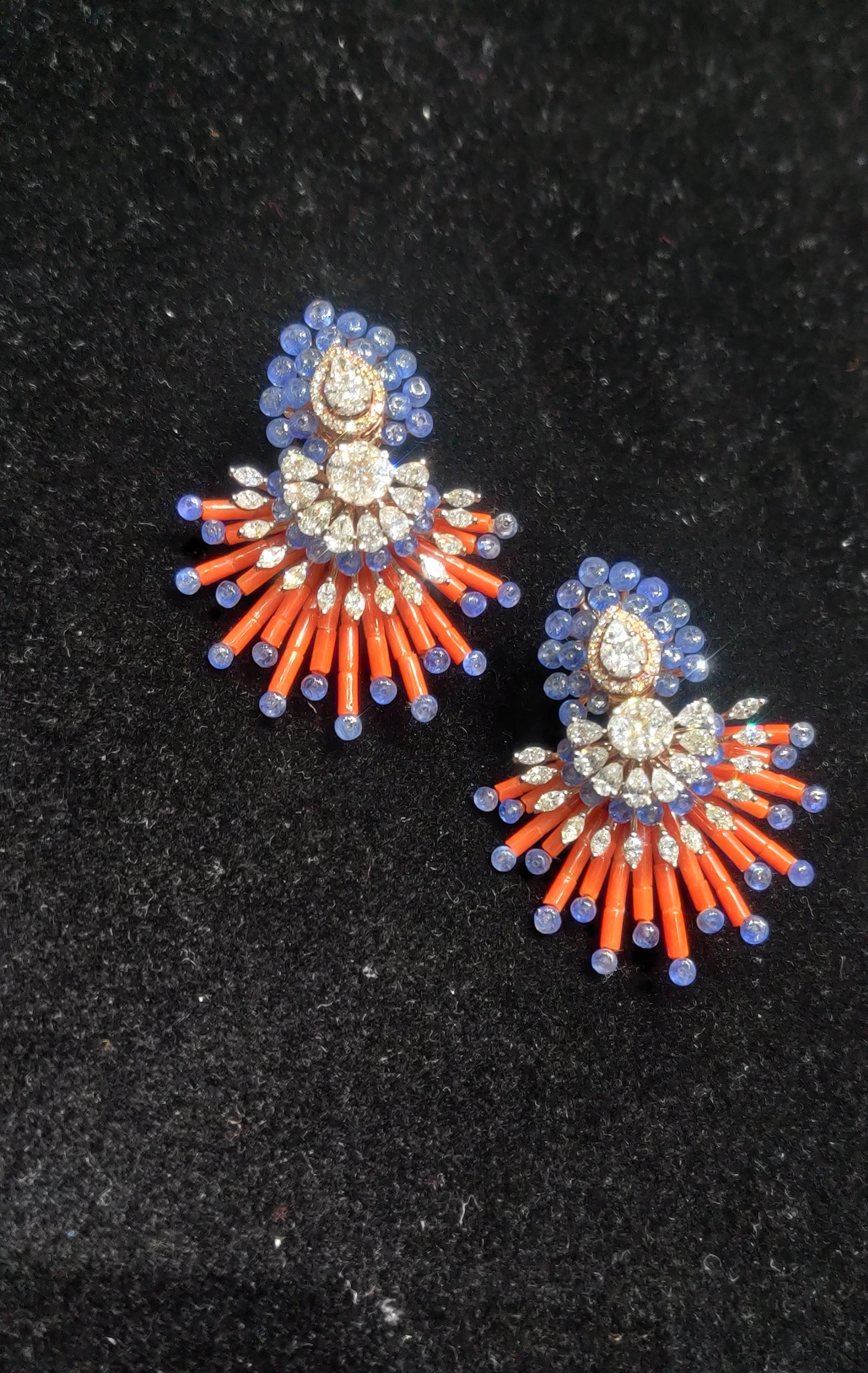 Modern 14 Karat Tanzanite Coral White Diamond Stud Earrings For Sale