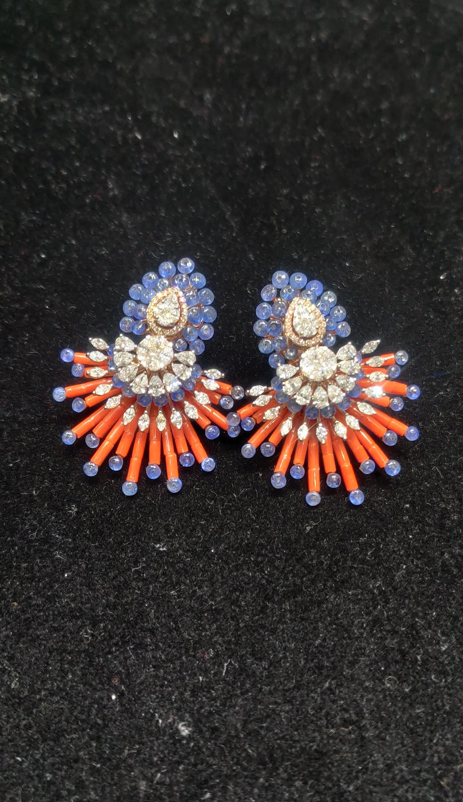 Mixed Cut 14 Karat Tanzanite Coral White Diamond Stud Earrings For Sale