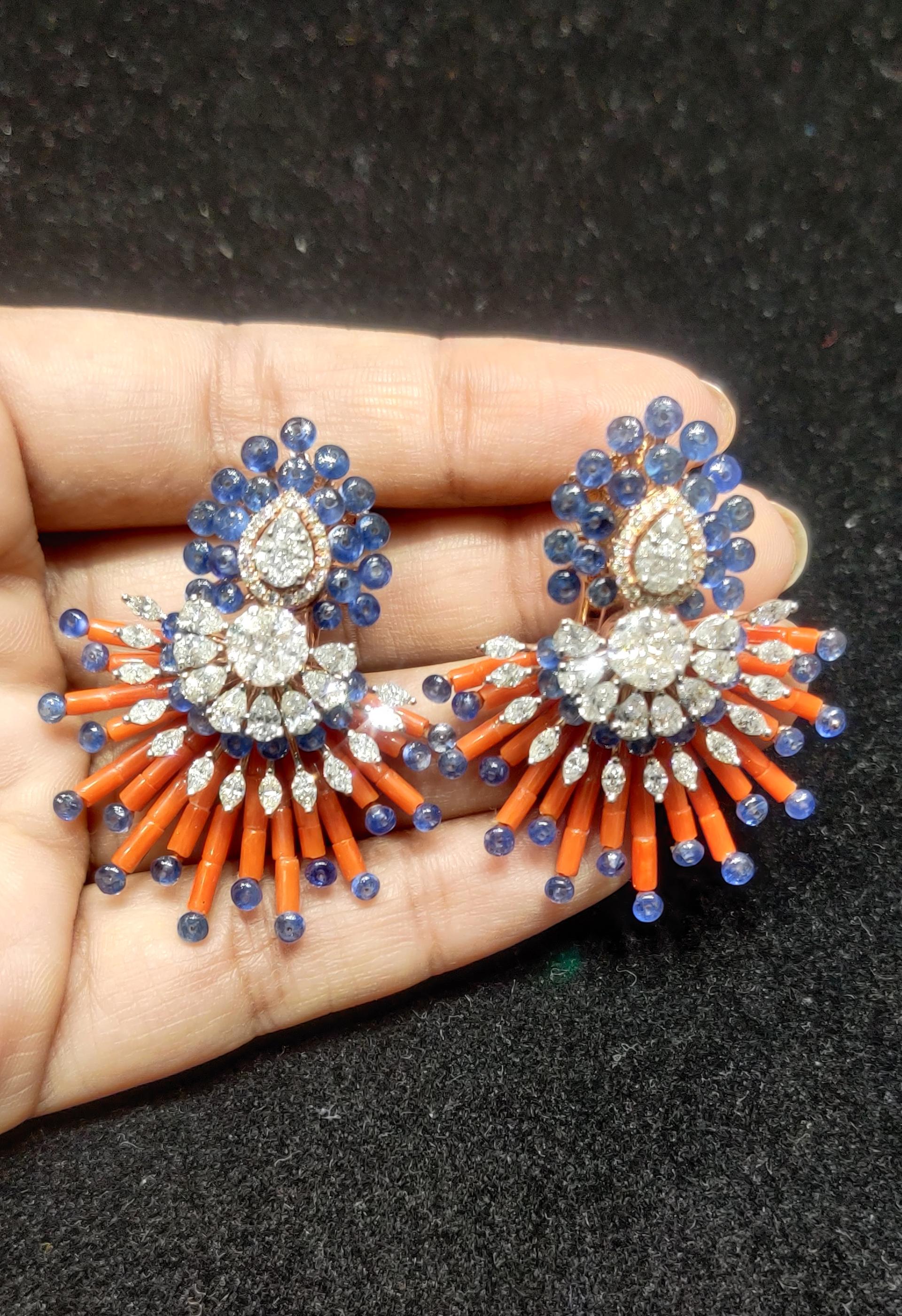 Clous d'oreilles en tanzanite, corail et diamants blancs 14 carats Neuf - En vente à New Delhi, Delhi