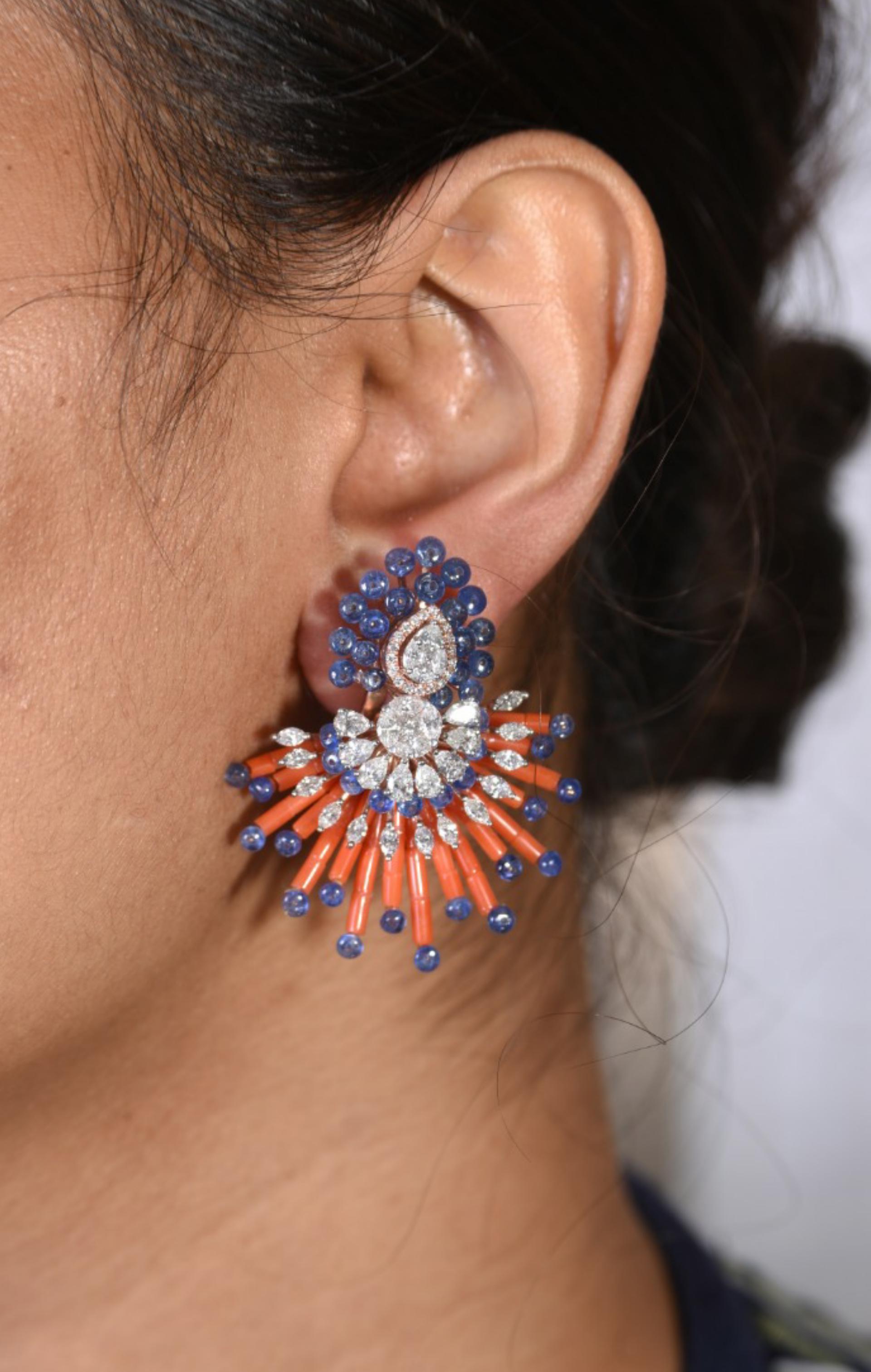 Women's 14 Karat Tanzanite Coral White Diamond Stud Earrings For Sale