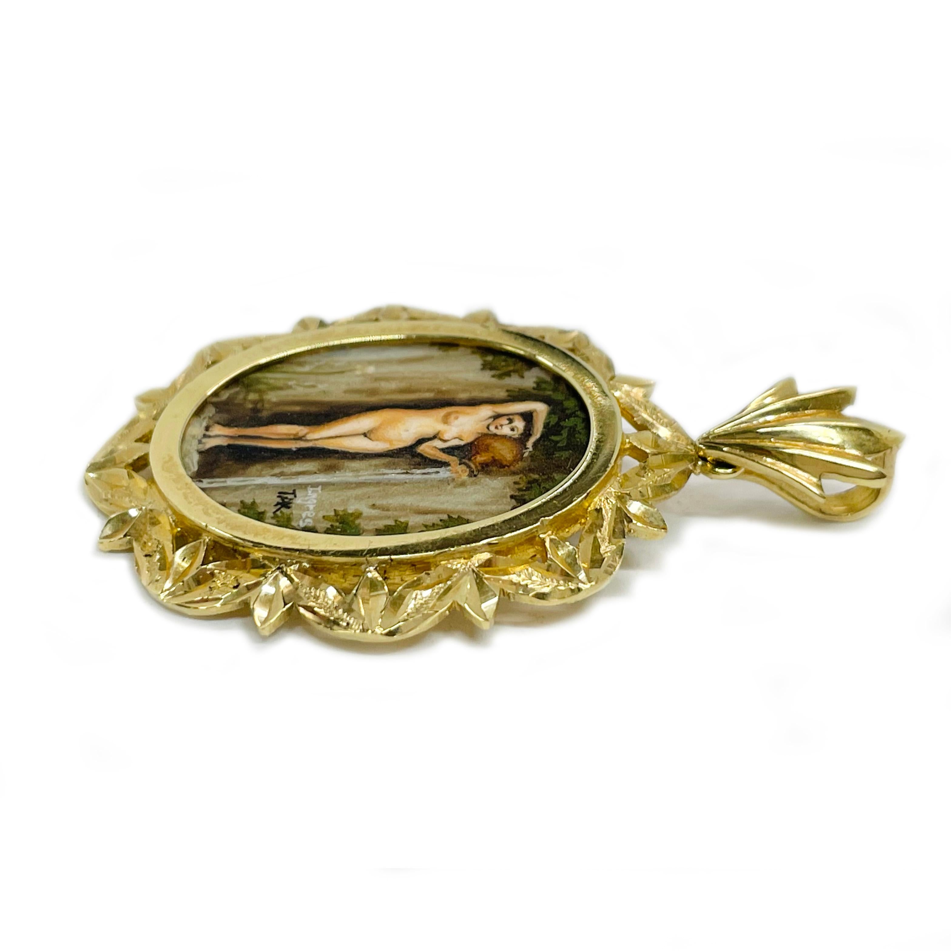 Contemporain Pendentif MOP « The Spring » de 14 carats peint à la main #0709 en vente