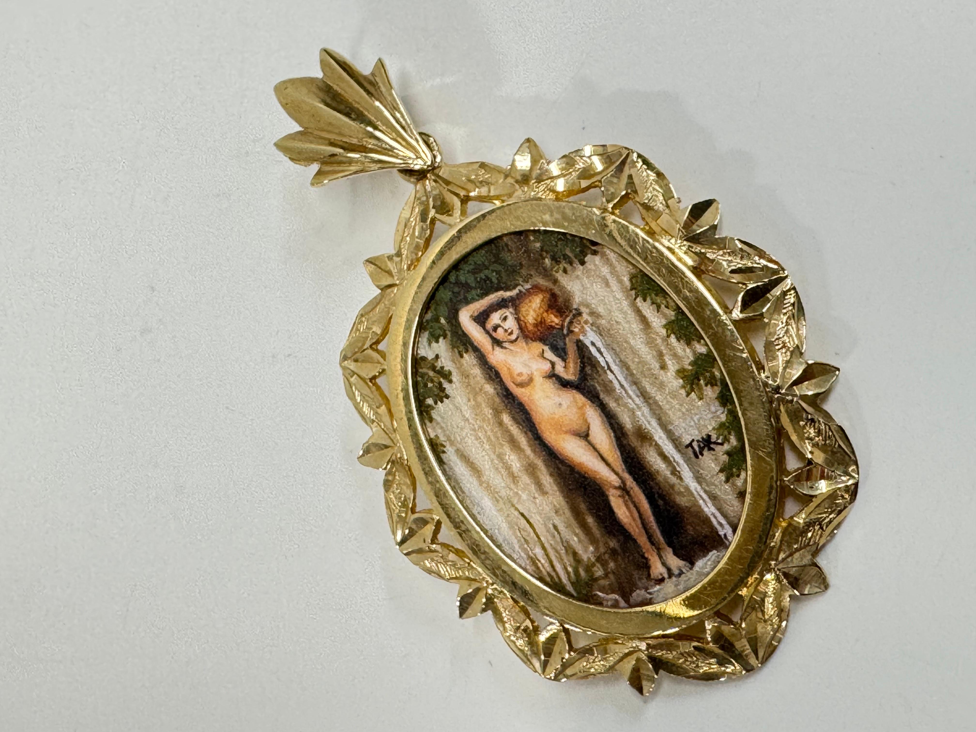 Pendentif MOP « The Spring » de 14 carats peint à la main #0709 Unisexe en vente