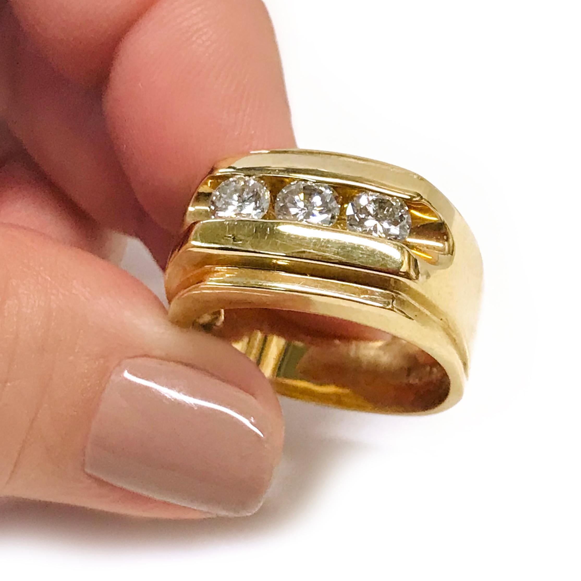 Modern 14 Karat Three Diamond Wide Ring For Sale