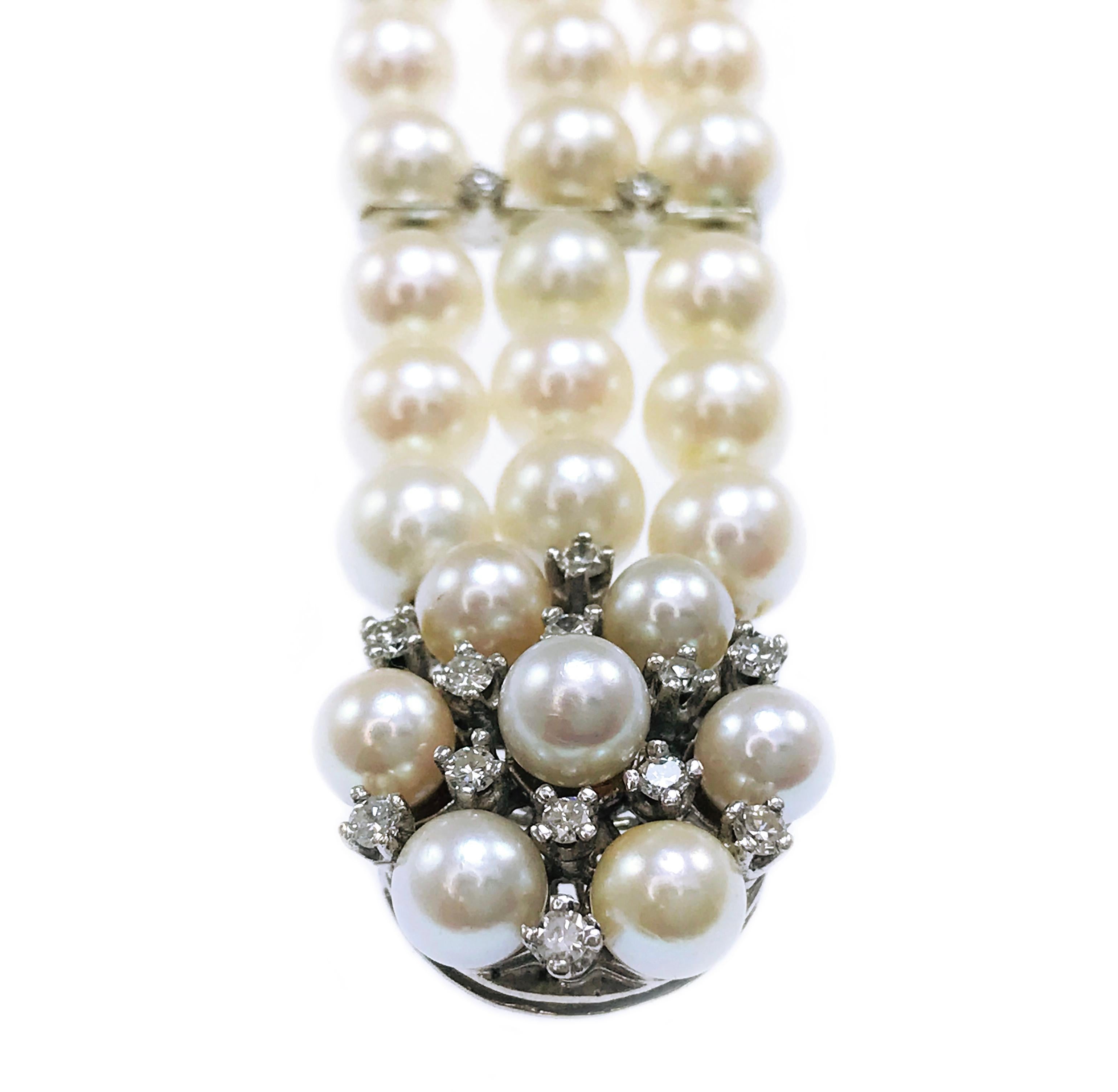 14 Karat Dreireihiges Perlen-Diamant-Armband (Retro) im Angebot
