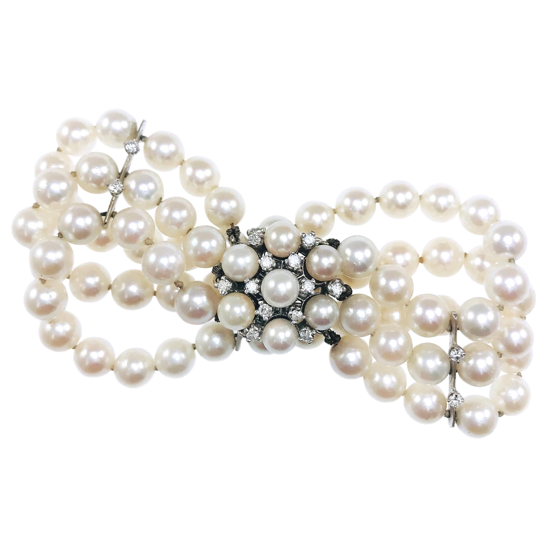 14 Karat Three-Row Pearl Diamond Bracelet