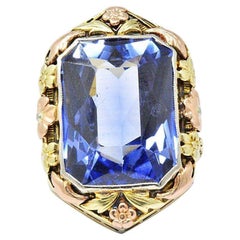 Antique 14 Karat Tri-Color Gold and Synthetic Sapphire Art Deco Cocktail Ring
