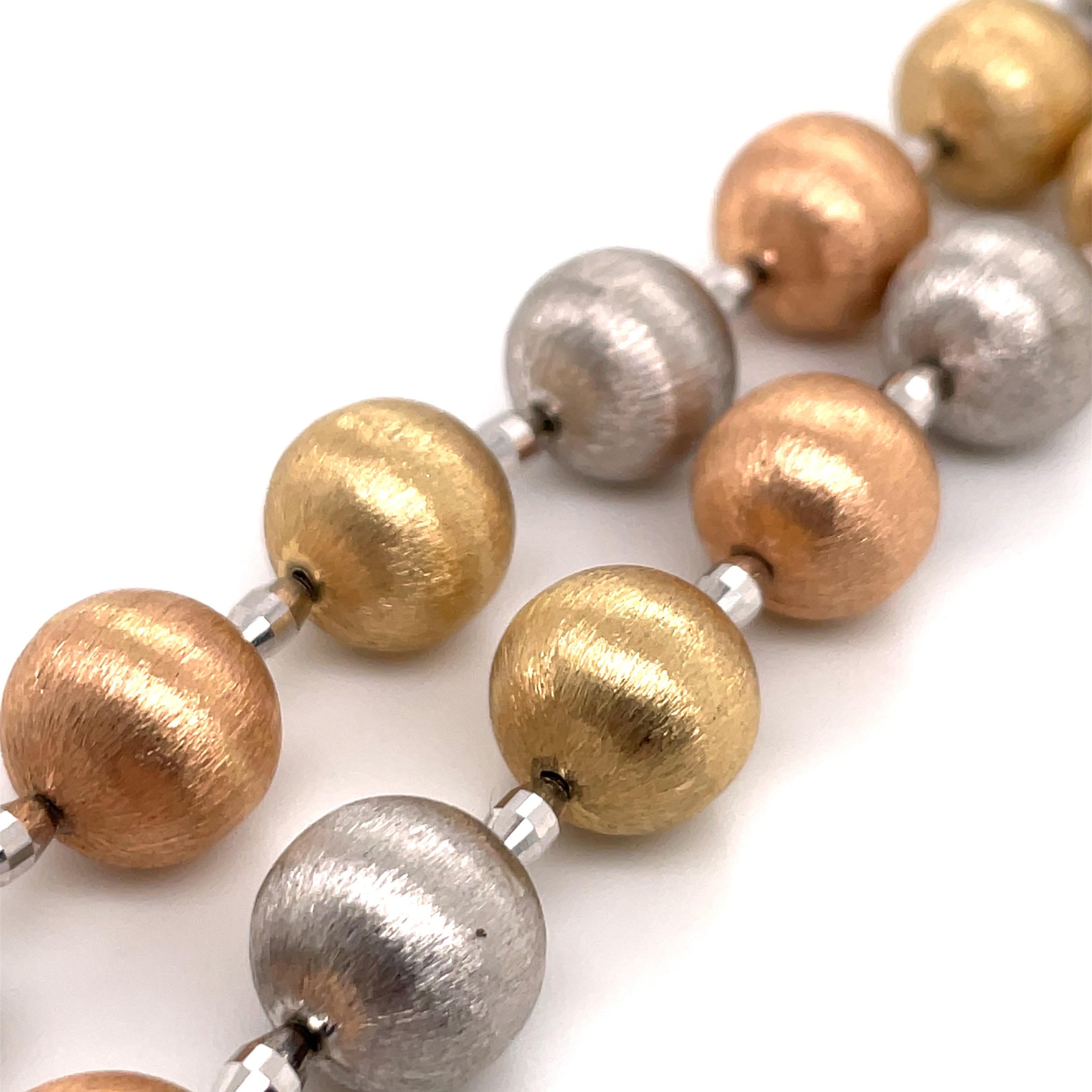 14 Karat Tri-Color Gold Brushed Ball Necklace 40 Grams In Excellent Condition For Sale In New York, NY