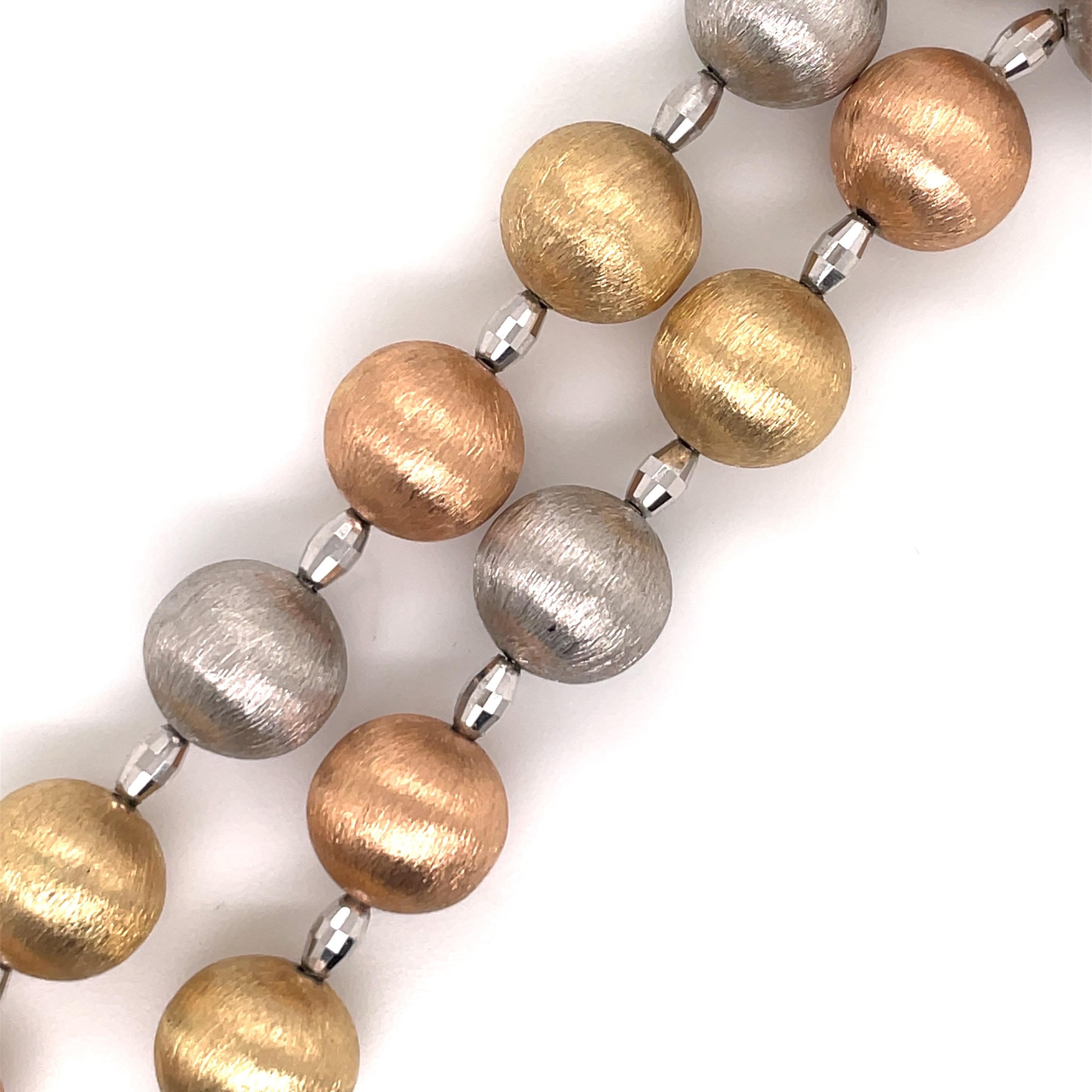 Women's 14 Karat Tri-Color Gold Brushed Ball Necklace 40 Grams For Sale