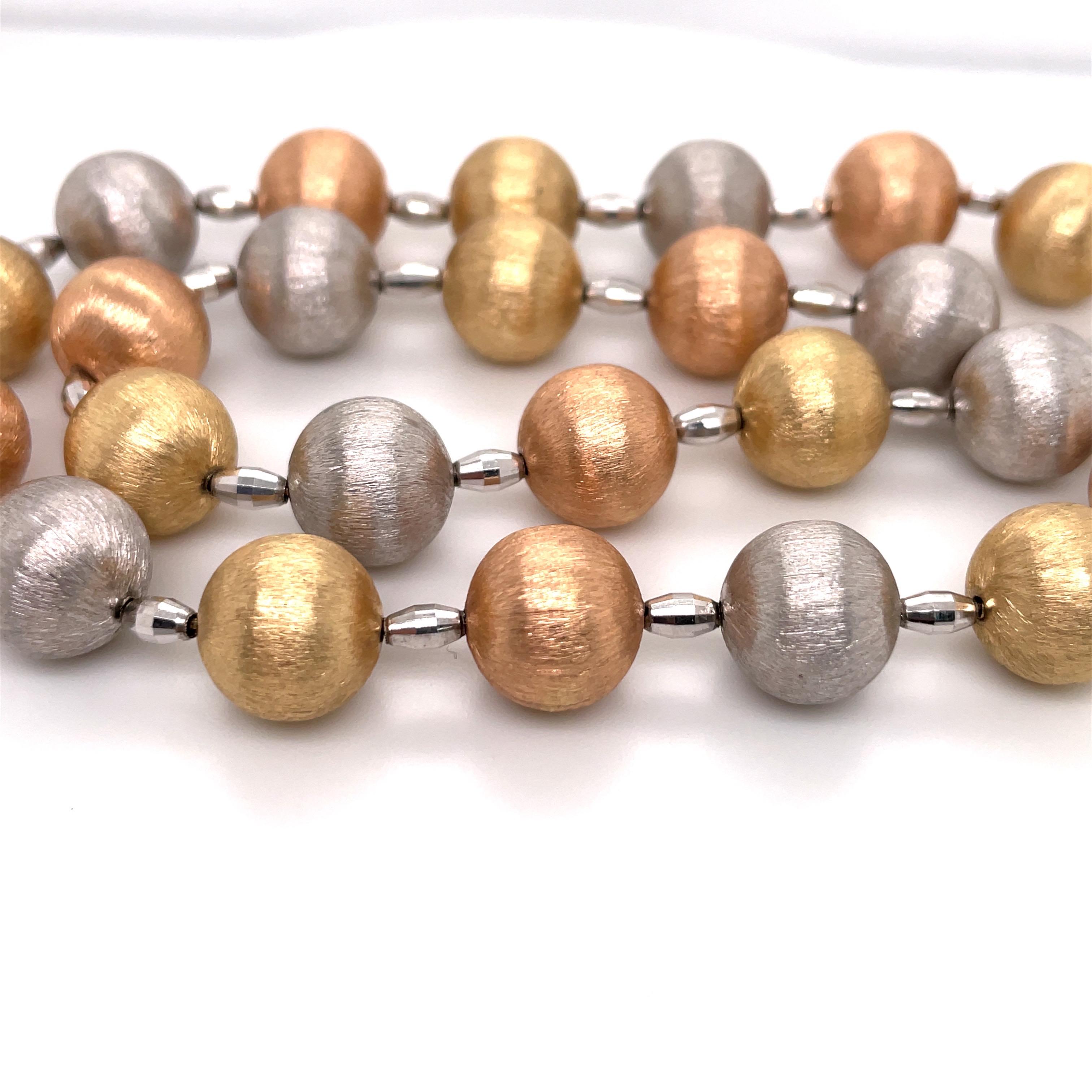 14 Karat Tri-Color Gold Brushed Ball Necklace 40 Grams For Sale 1