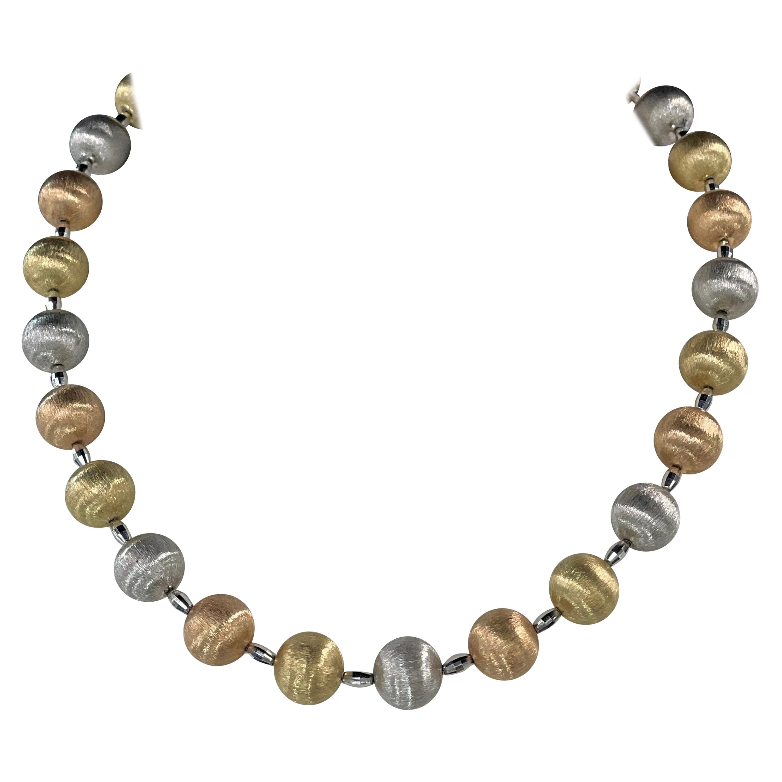 14 Karat Tri-Color Gold Brushed Ball Necklace 40 Grams For Sale