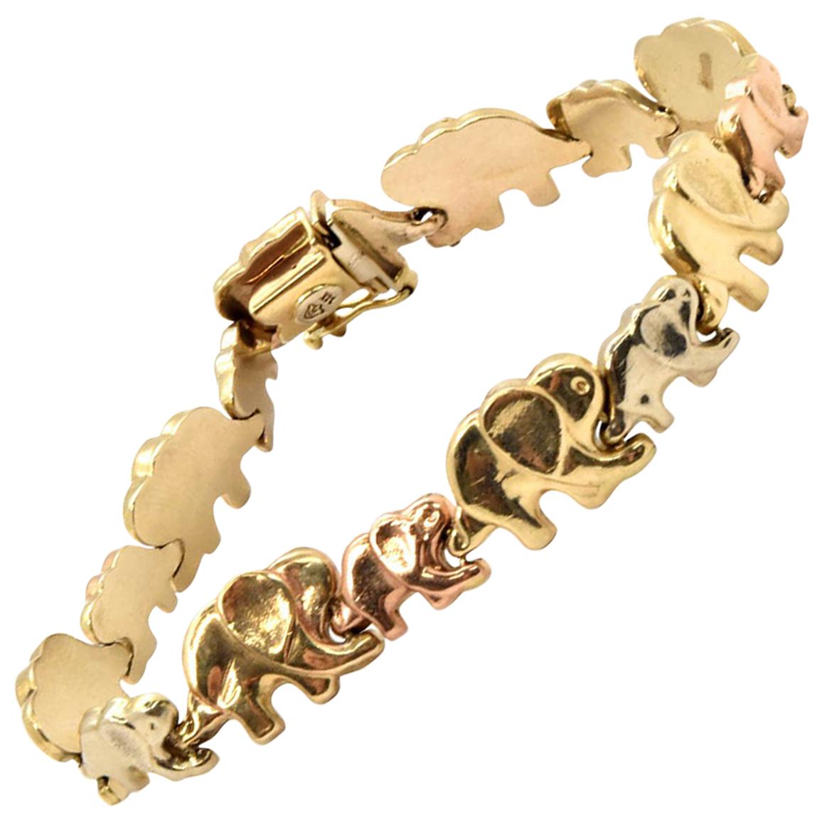 14 Karat Tri-Color Gold Elephant Link Bracelet
