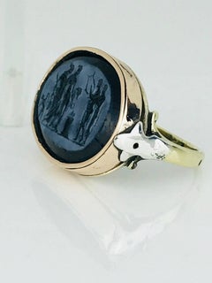 14 Karat Tri-Color Gold Ring, Intaglio Engraved, Oval Onyx Mythological Scene