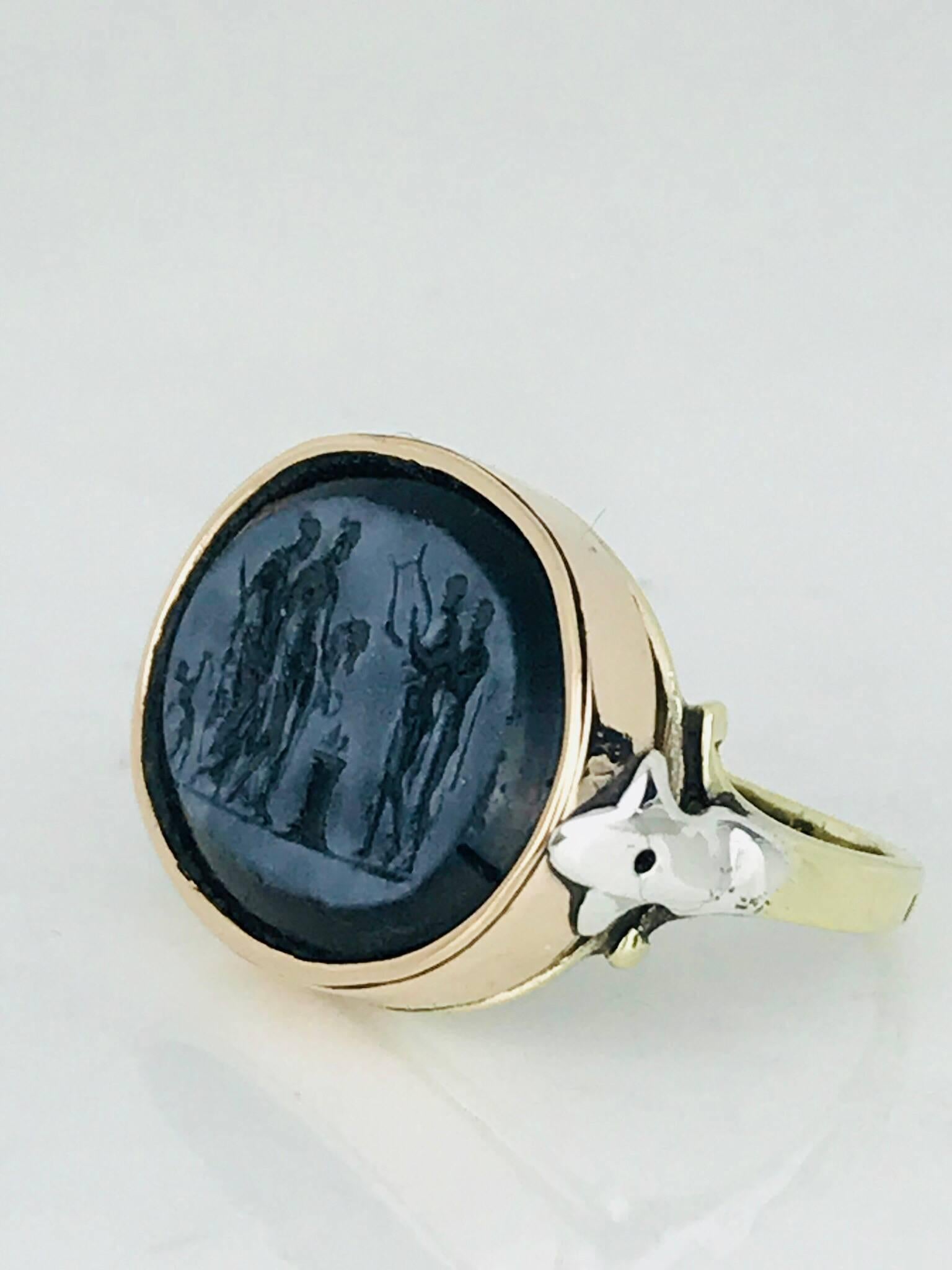Oval Cut 14 Karat Tri-Color Gold Ring, Intaglio Engraved, Oval Onyx Mythological Scene