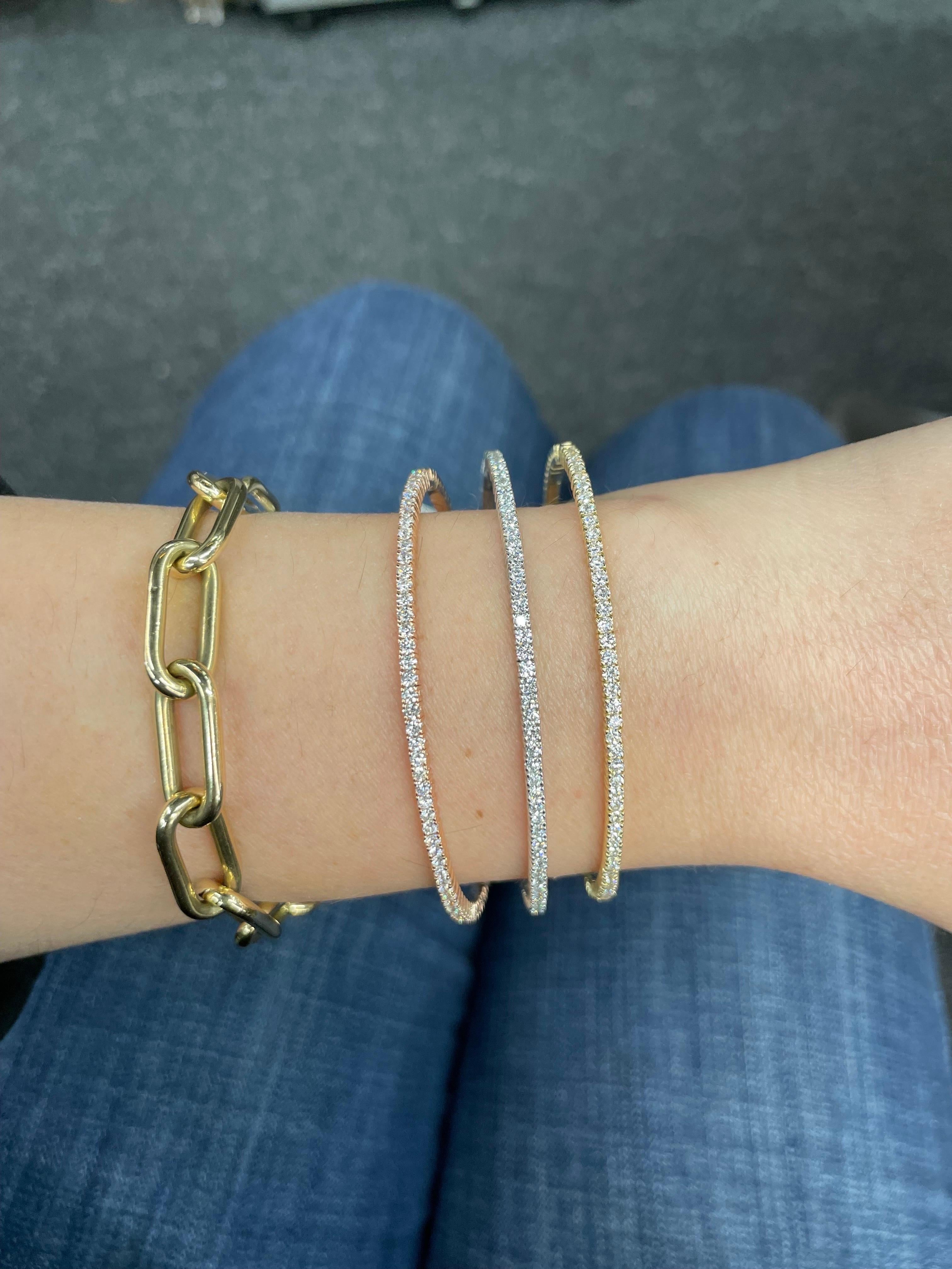 Round Cut 14 Karat Tri Color Yellow White Rose Gold Diamond Bangles 3.80 Cttw Flexible For Sale