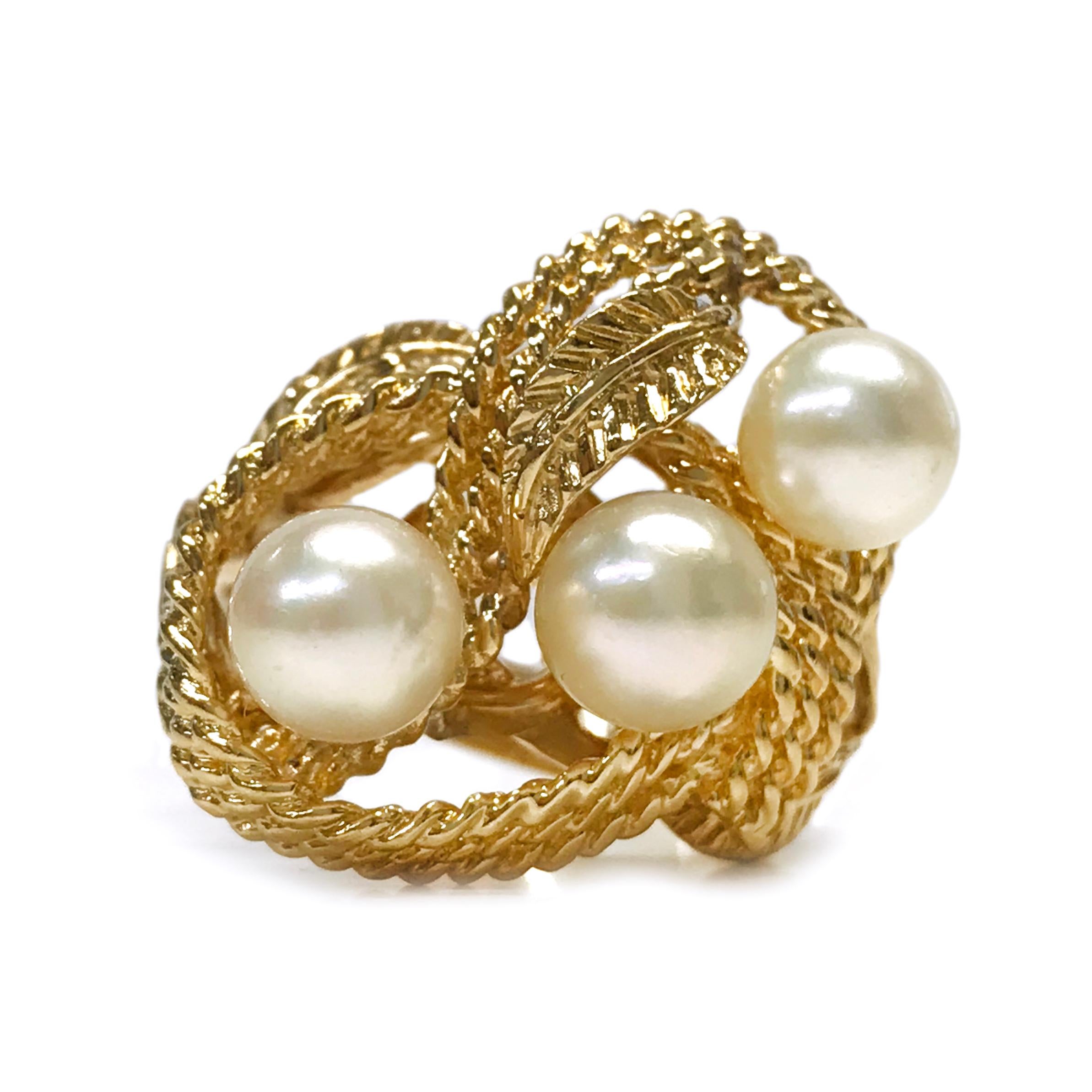 Retro 14 Karat Twisted Wire Three Pearl Ring For Sale