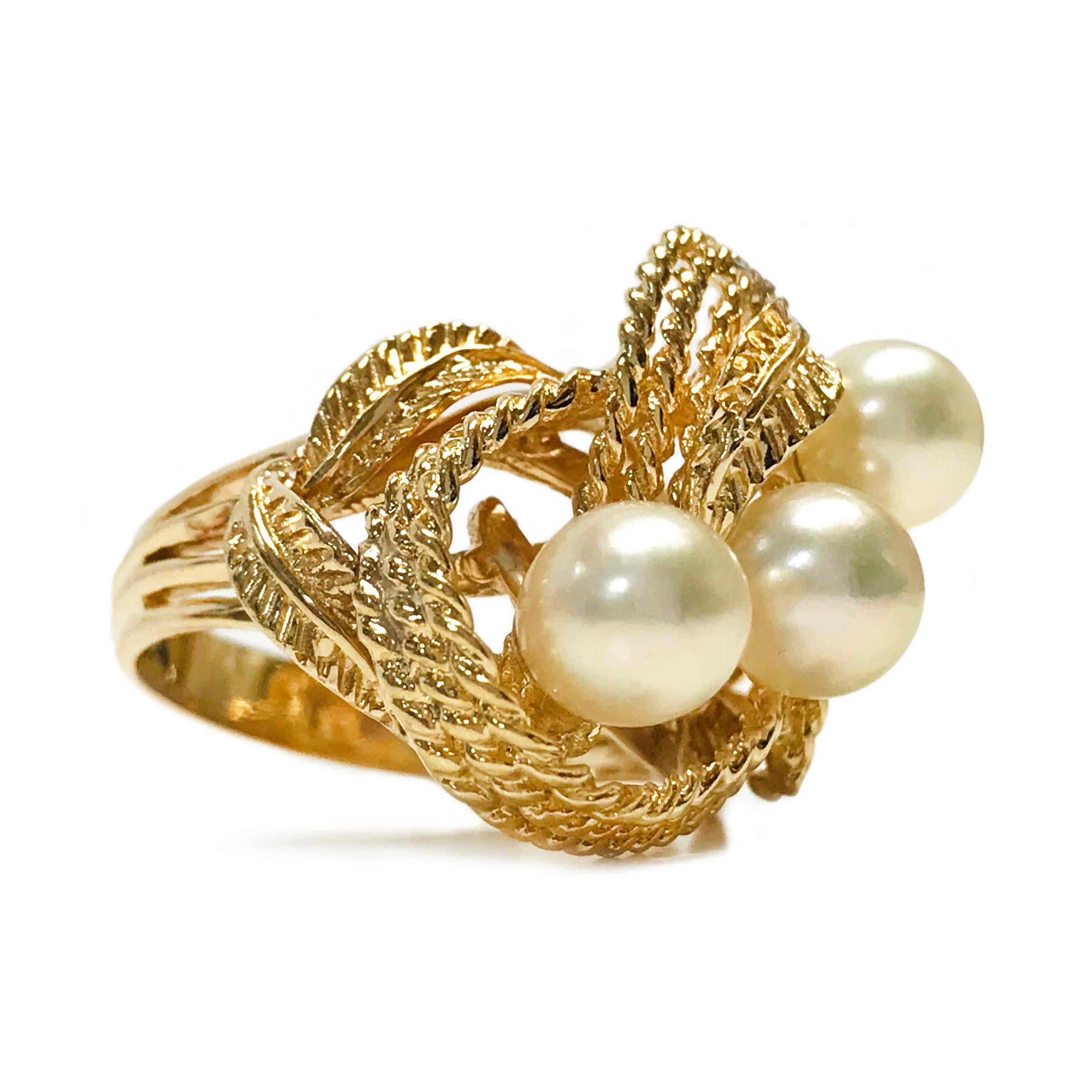 Uncut 14 Karat Twisted Wire Three Pearl Ring For Sale