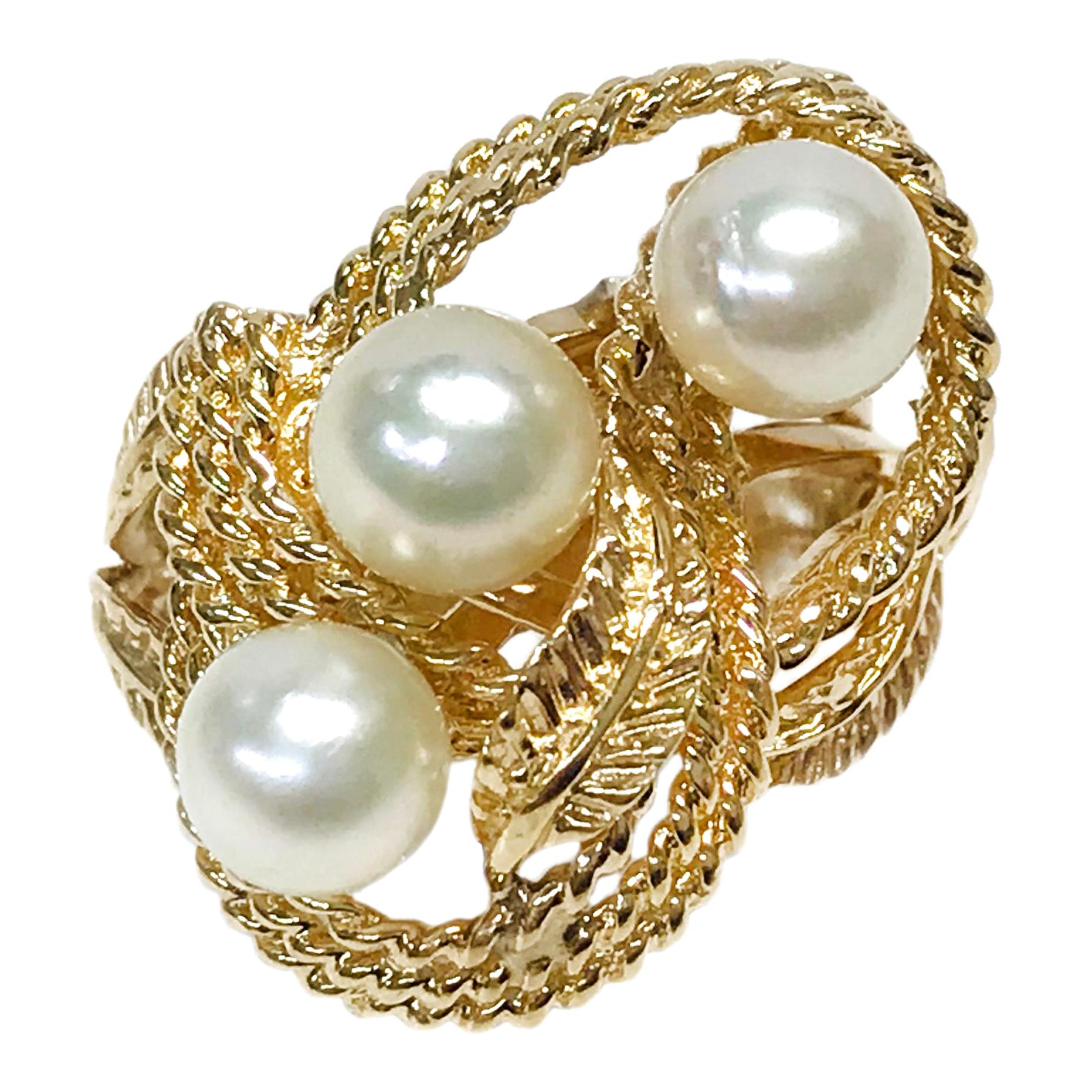 14 Karat Twisted Wire Three Pearl Ring For Sale