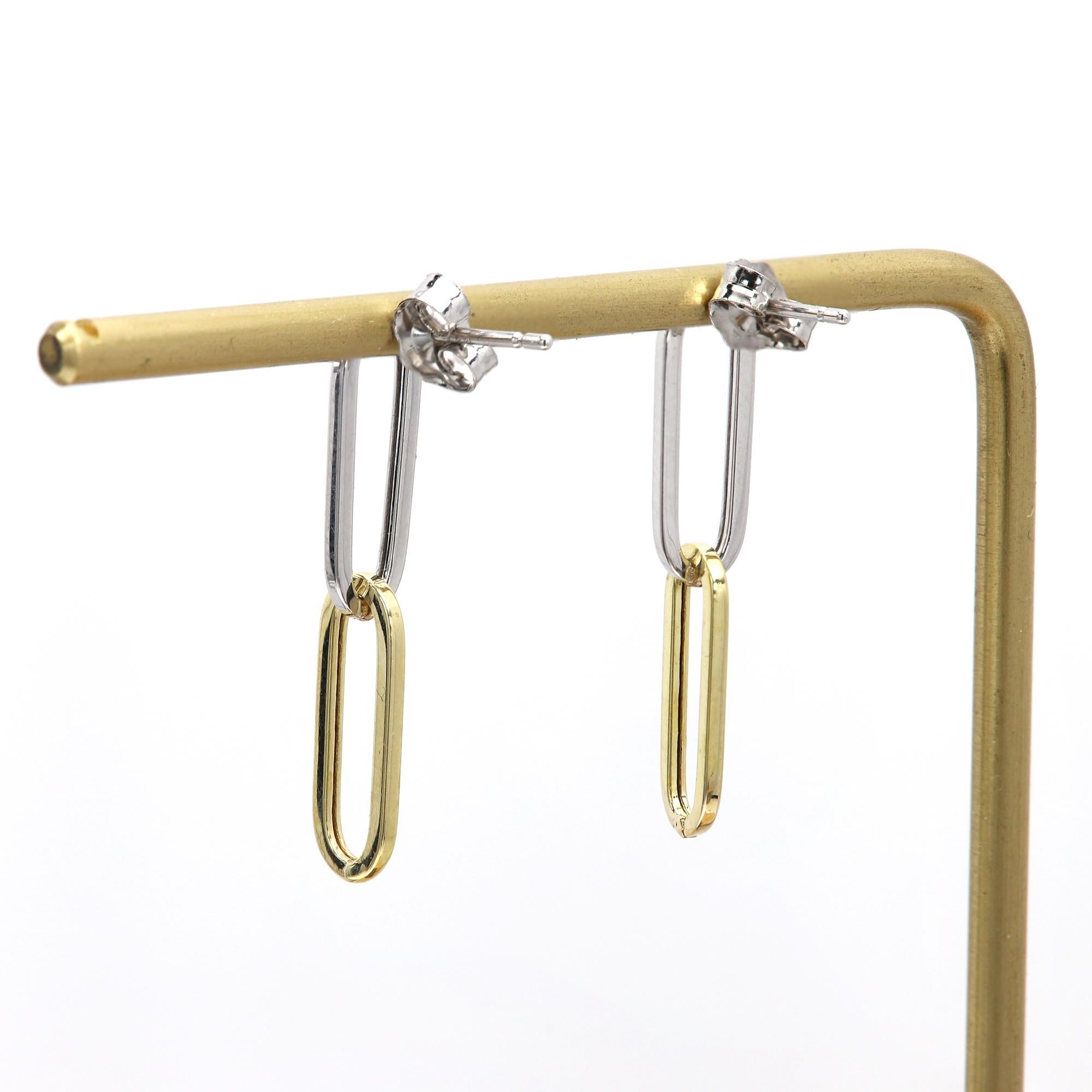 Women's 14 Karat Two Colors Paperclip Earrings 5mm Dangle Earning 1' inch Long For Sale