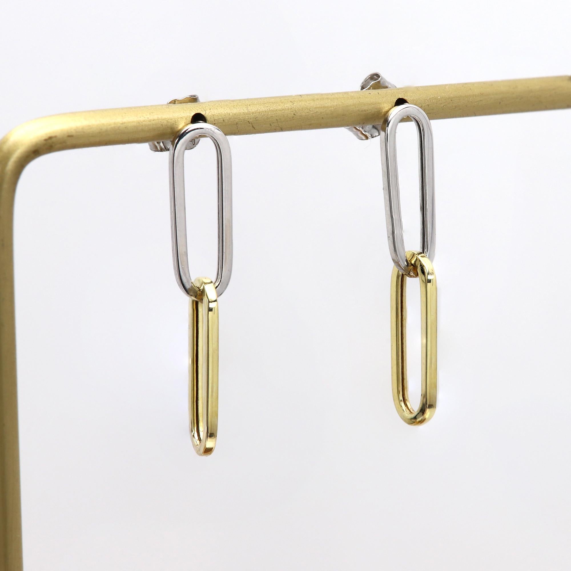 14 Karat Two Colors Paperclip Earrings 5mm Dangle Earning 1' inch Long For Sale 1