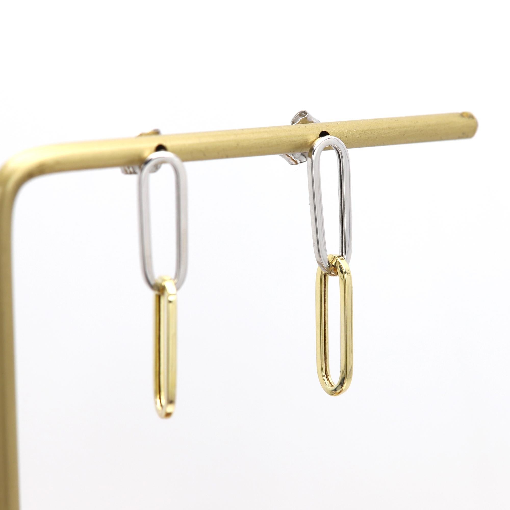 14 Karat Two Colors Paperclip Earrings 5mm Dangle Earning 1' inch Long For Sale 2