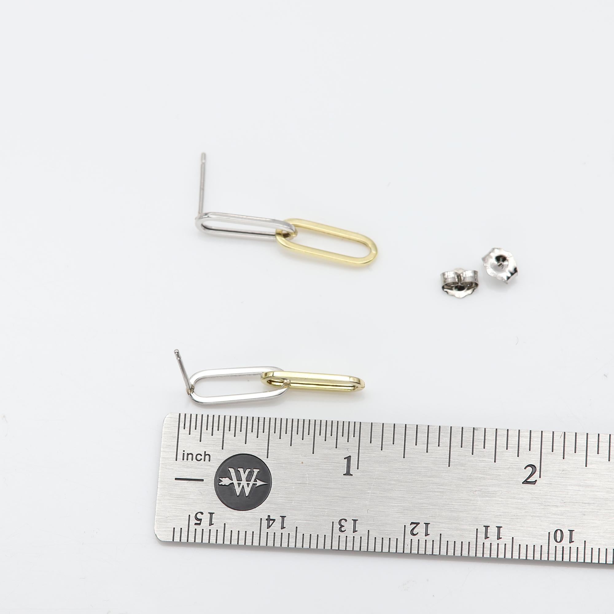14 Karat Two Colors Paperclip Earrings 5mm Dangle Earning 1' inch Long For Sale 3