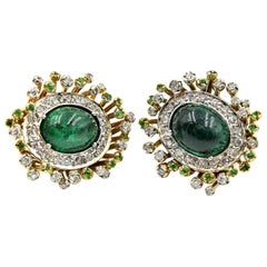 14 Karat Two-Tone 2.14 Carat Cabochon Emerald, Tsavorite and Diamond Earrings