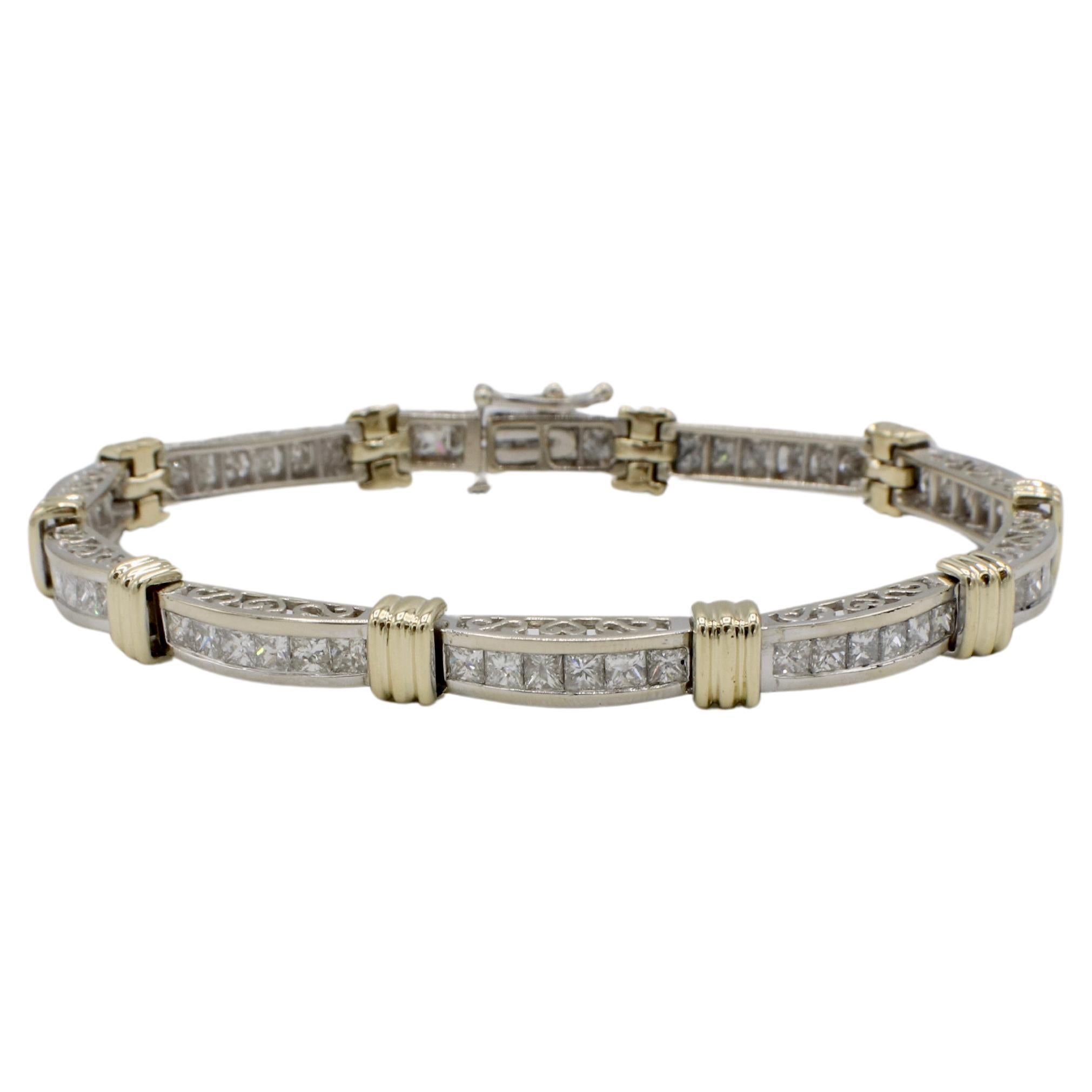 14 Karat Two Tone 5.50 Carat Natural Princess Cut Diamond Tennis Line Bracelet