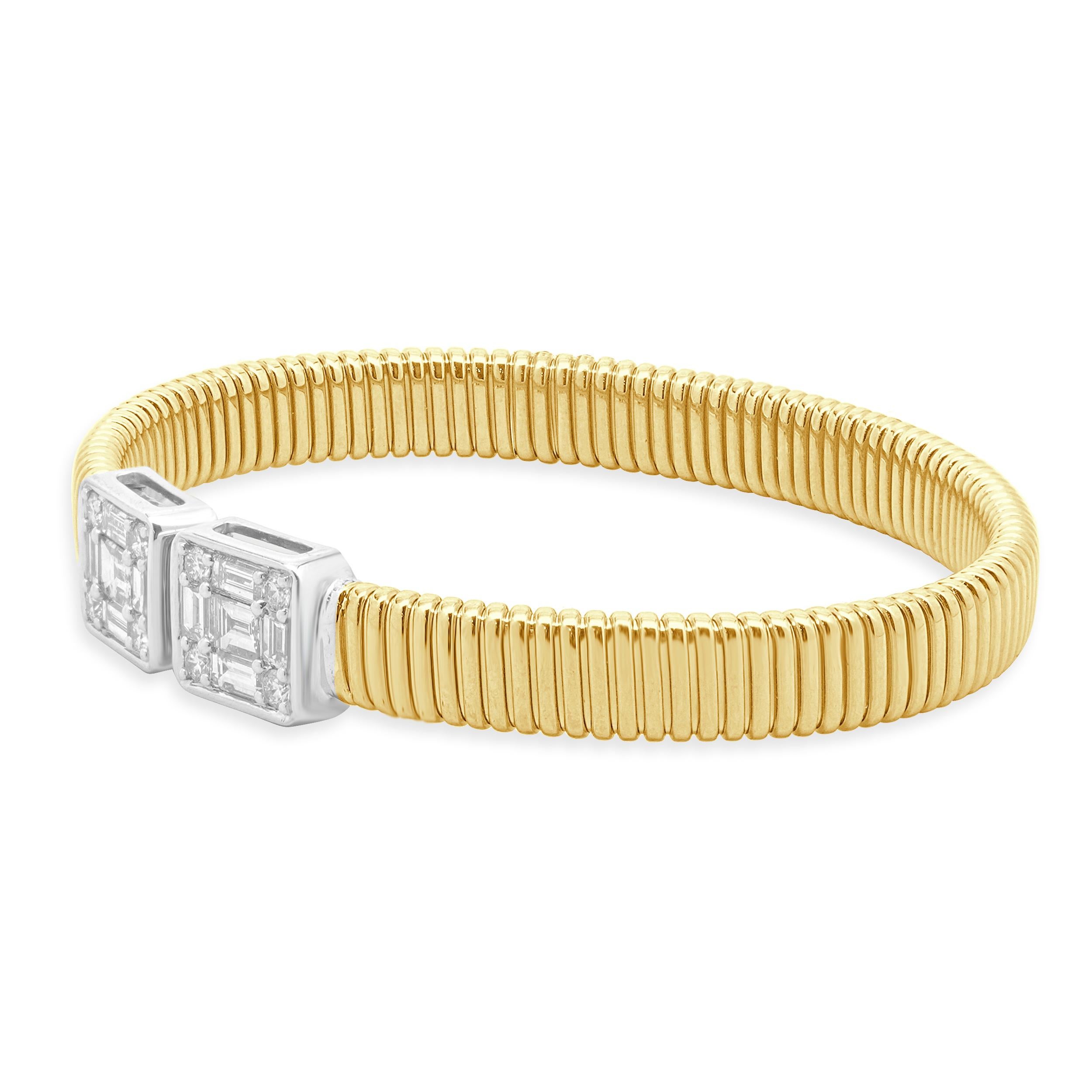 Designer: custom design
Material: 14k white and yellow gold
Diamond: baguette and round = 1.76cttw
Color: G
Clarity: SI1
Dimensions: bracelet will fit up to a 6-inch wrist
Weight: 15.15 grams
