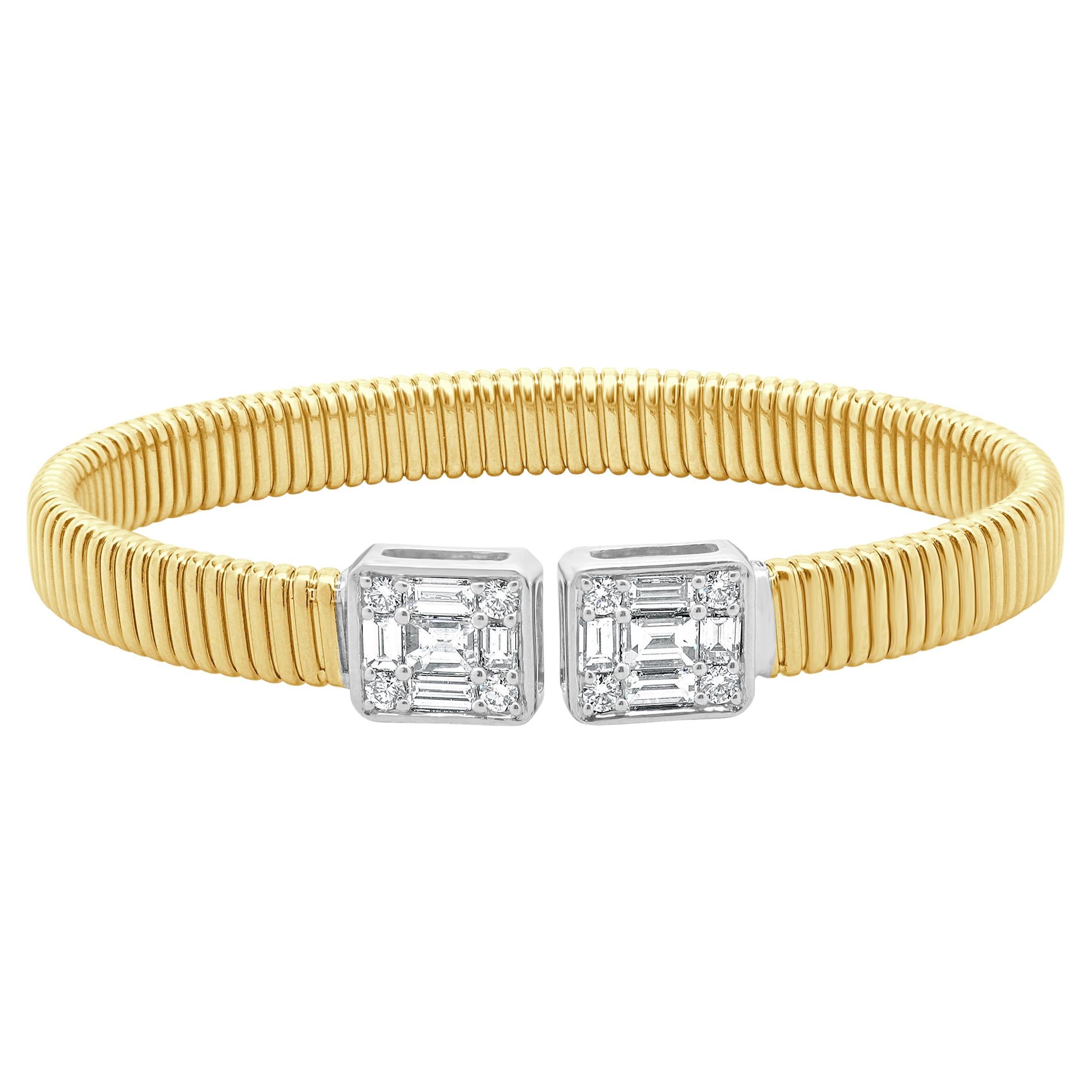 14 Karat Two Tone Baguette and Round Diamond Mosaic Bangle