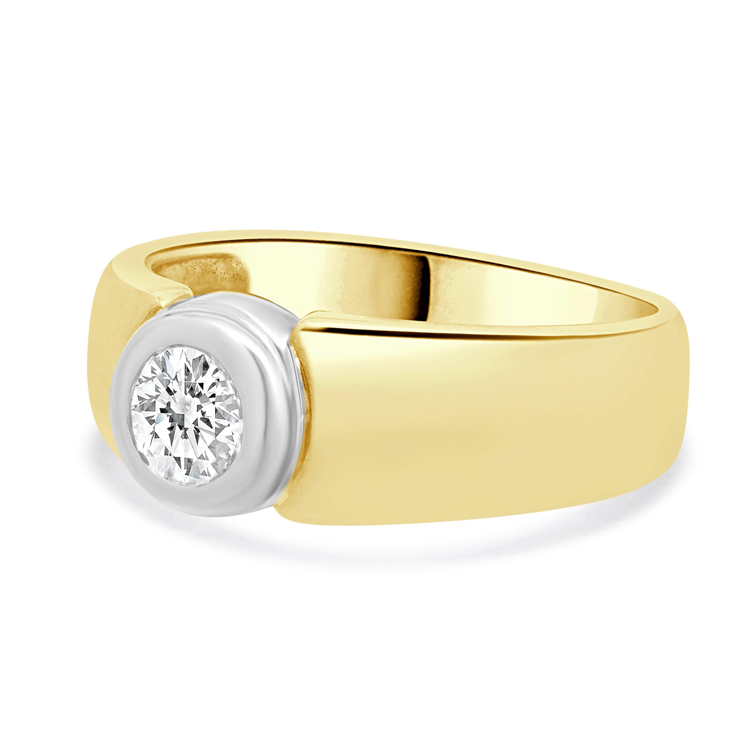 Material: 14K two-tone
Diamond: 1 Round Brilliant = 0.50cttw
Color: J
Clarity: SI2
Dimensions: ring top measures 7.8mm wide
Ring Size: 8.25 (please allow up to 2 additional business days for sizing requests)
Weight: 5.3 grams
