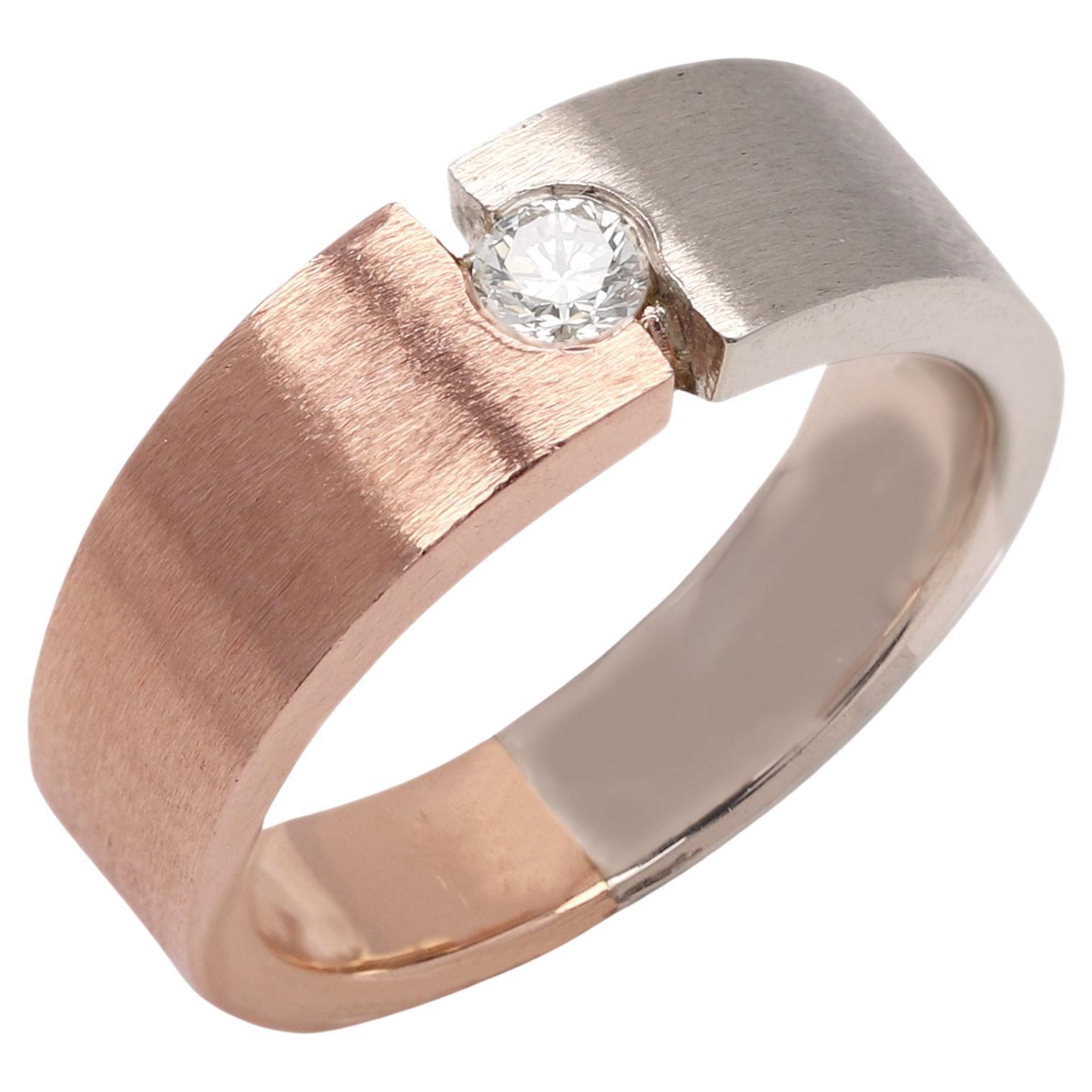 Men Diamond Ring 14 Karat Two Tone Brushed Gold Mens Band Rose and White Gold  For Sale