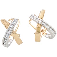 14 Karat Two-Tone Criss Cross Channel Set Diamond Hoop Earrings