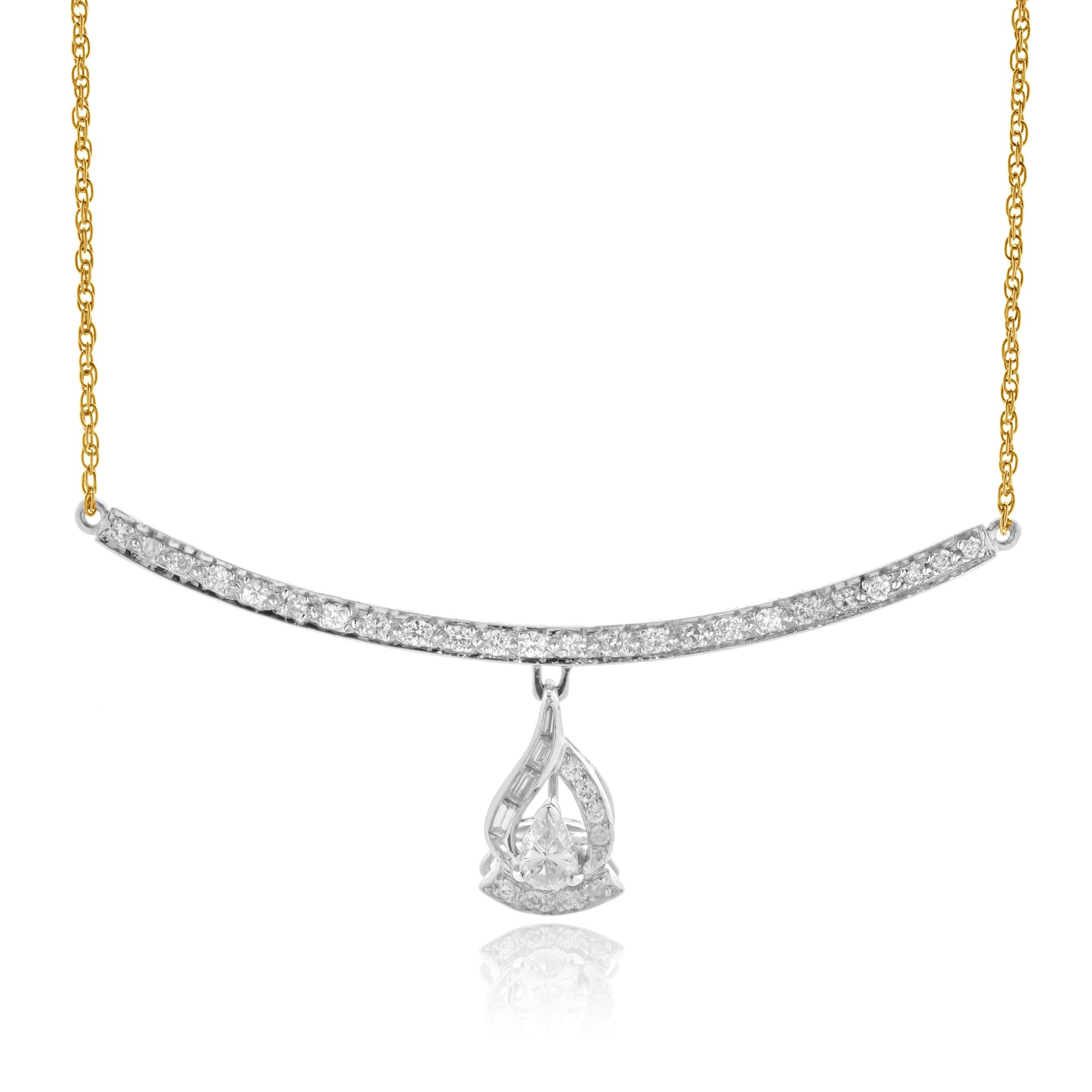 Designer: custom design
Material: 14k two tone gold
Diamond: mixed cut = 0.90cttw
Color: G
Clarity: VS2
Dimensions: necklace measures 15-inches in length
Weight: 5.70 grams


