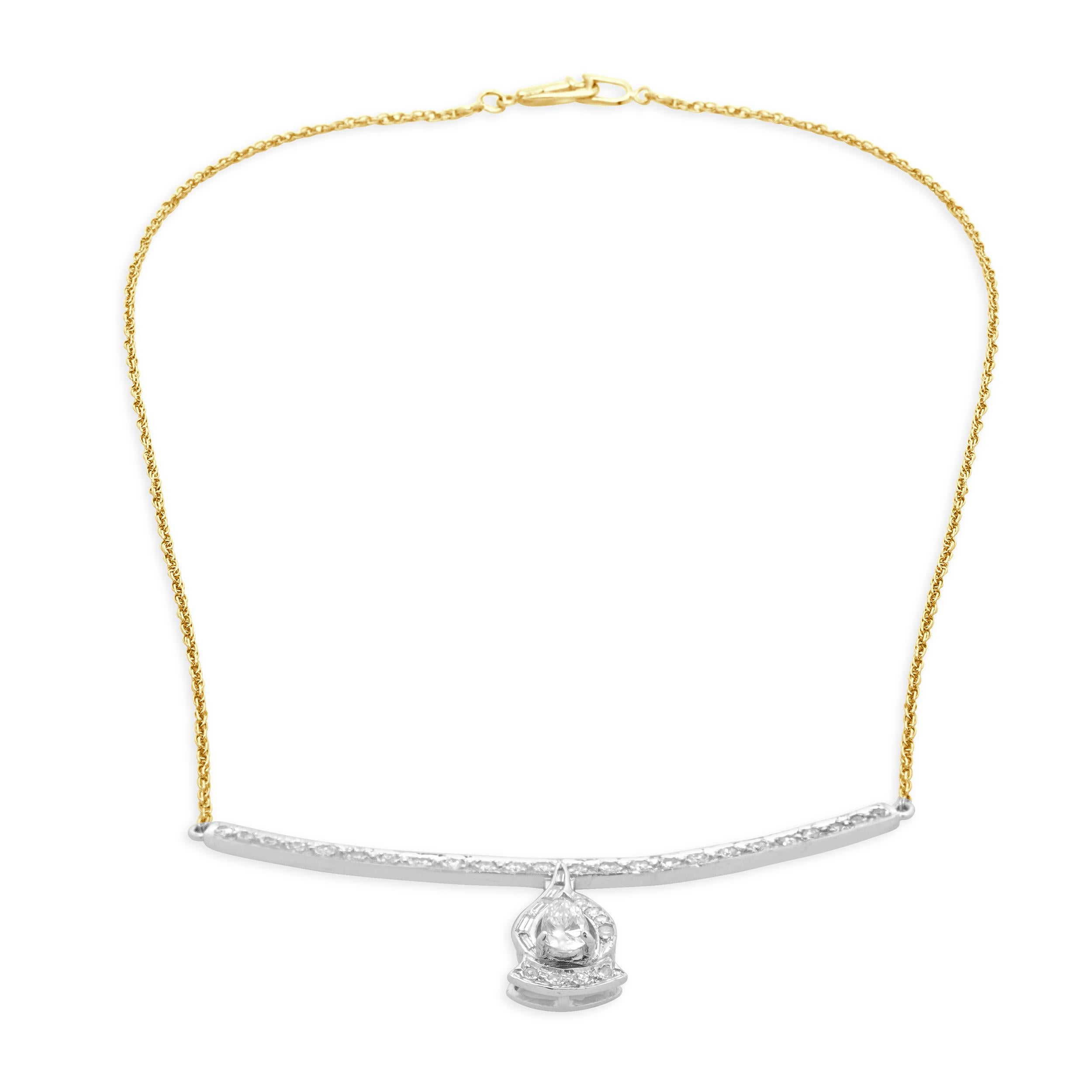 Taglio misto 14 Karat Two Tone Diamond Bar Drop Necklace in vendita