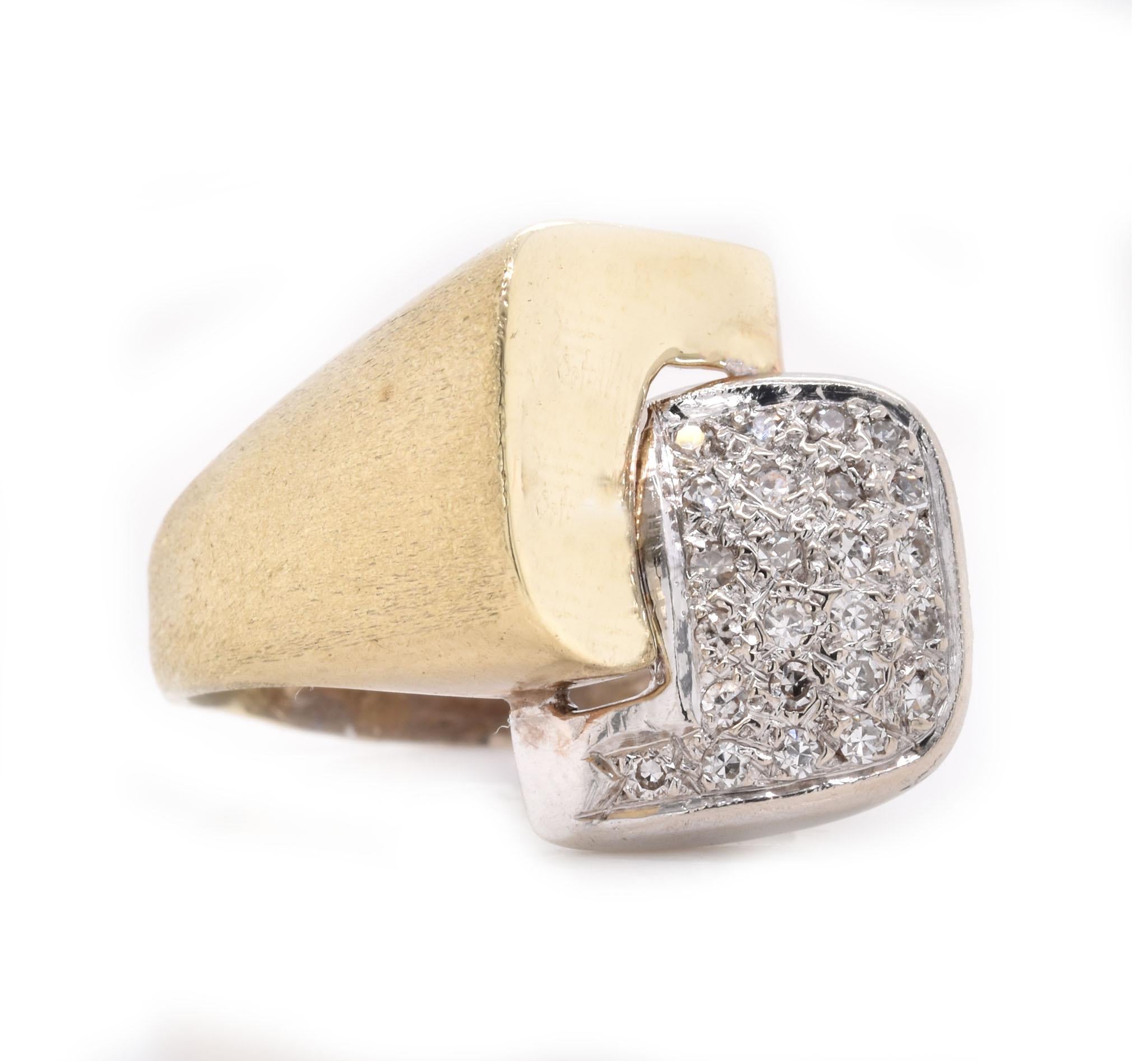 Designer: custom
Material: 14K white and yellow gold 
Diamond: 25 round brilliant cut = .23cttw
Color: H
Clarity: SI1
Ring size: 8 (please allow two additional shipping days for sizing requests)
Weight:  7.44 grams
