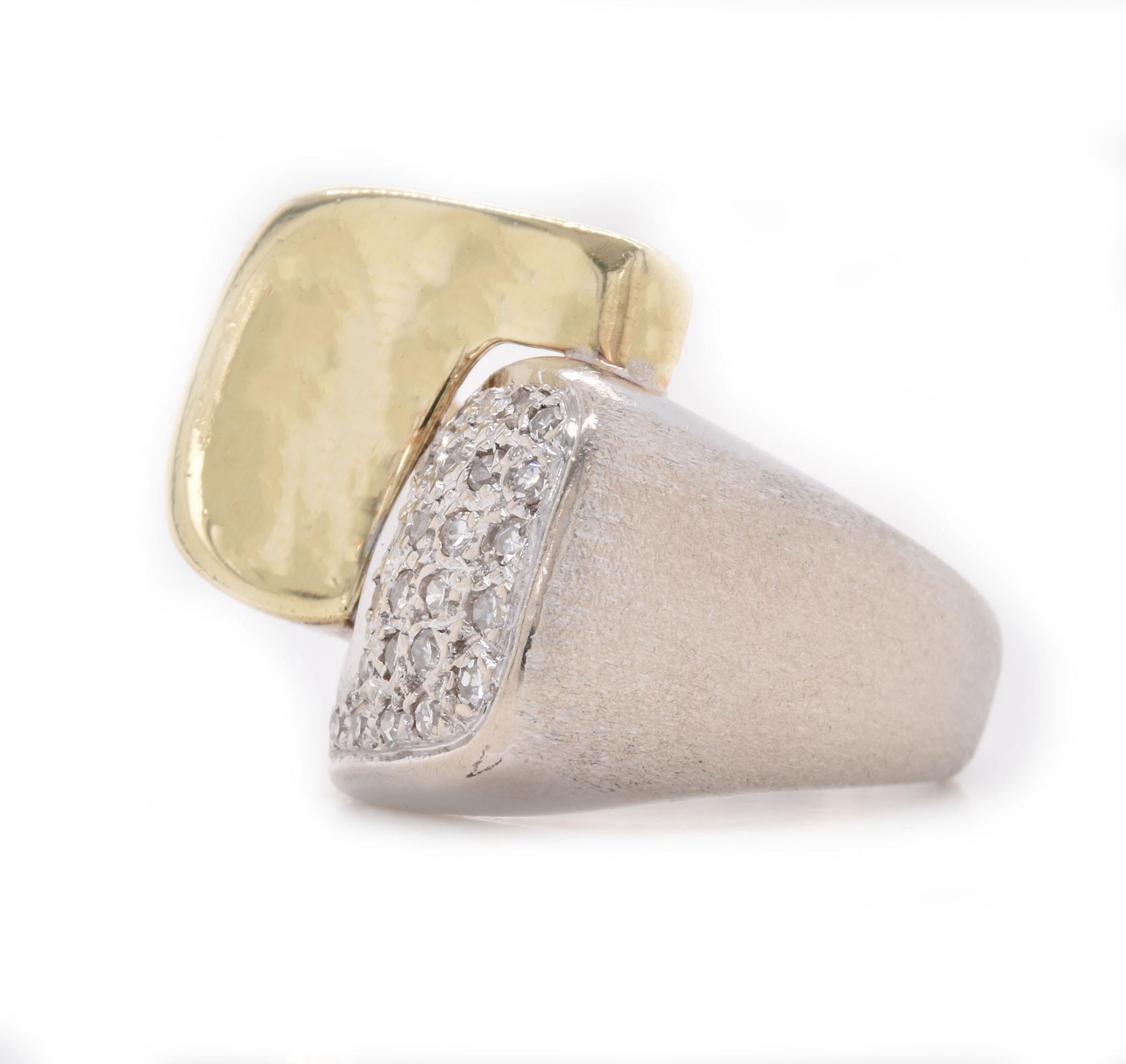 Round Cut 14 Karat Two Tone Diamond Bypass Ring For Sale