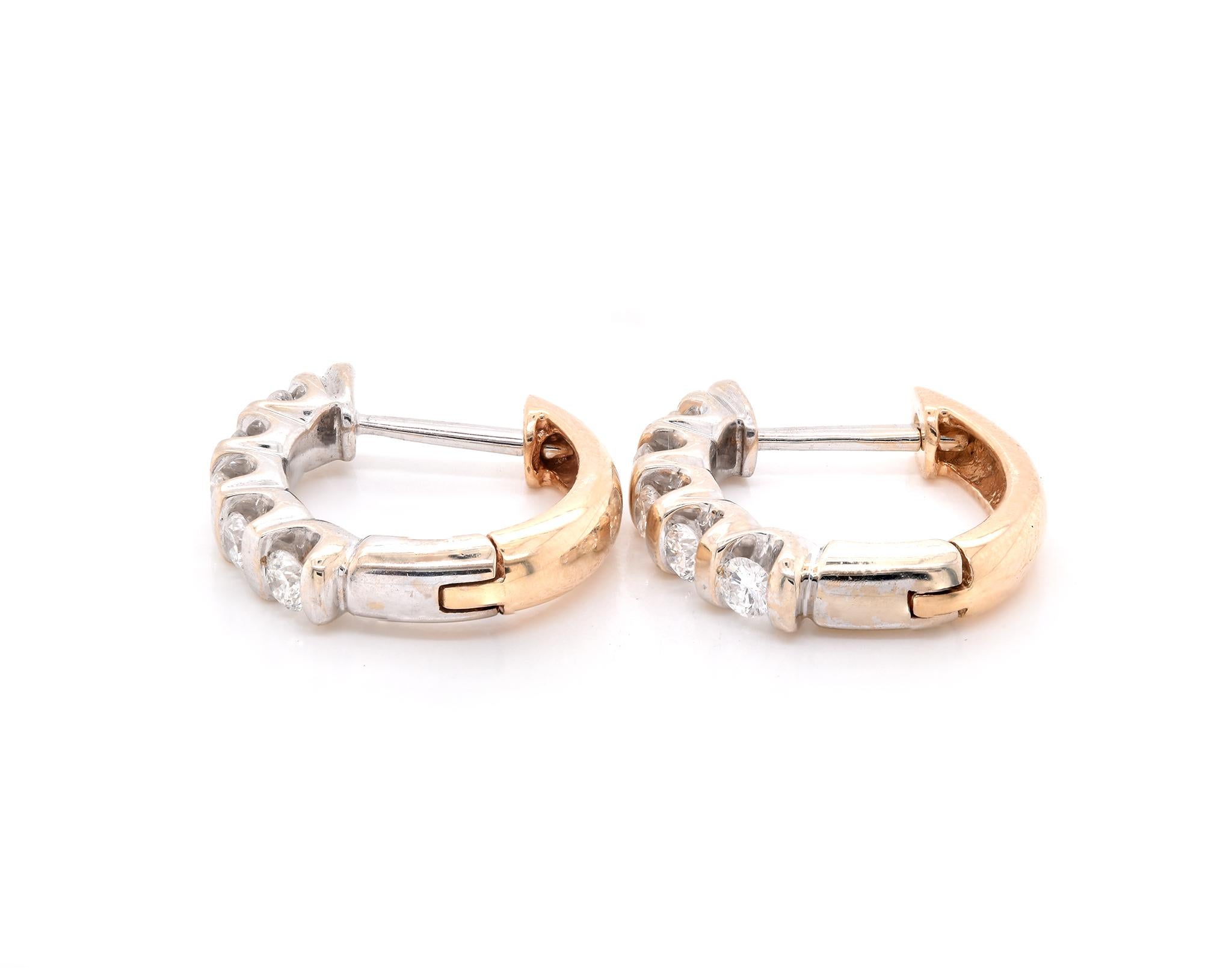14 Karat Two Tone Diamond Huggie Hoop Earrings In Excellent Condition For Sale In Scottsdale, AZ